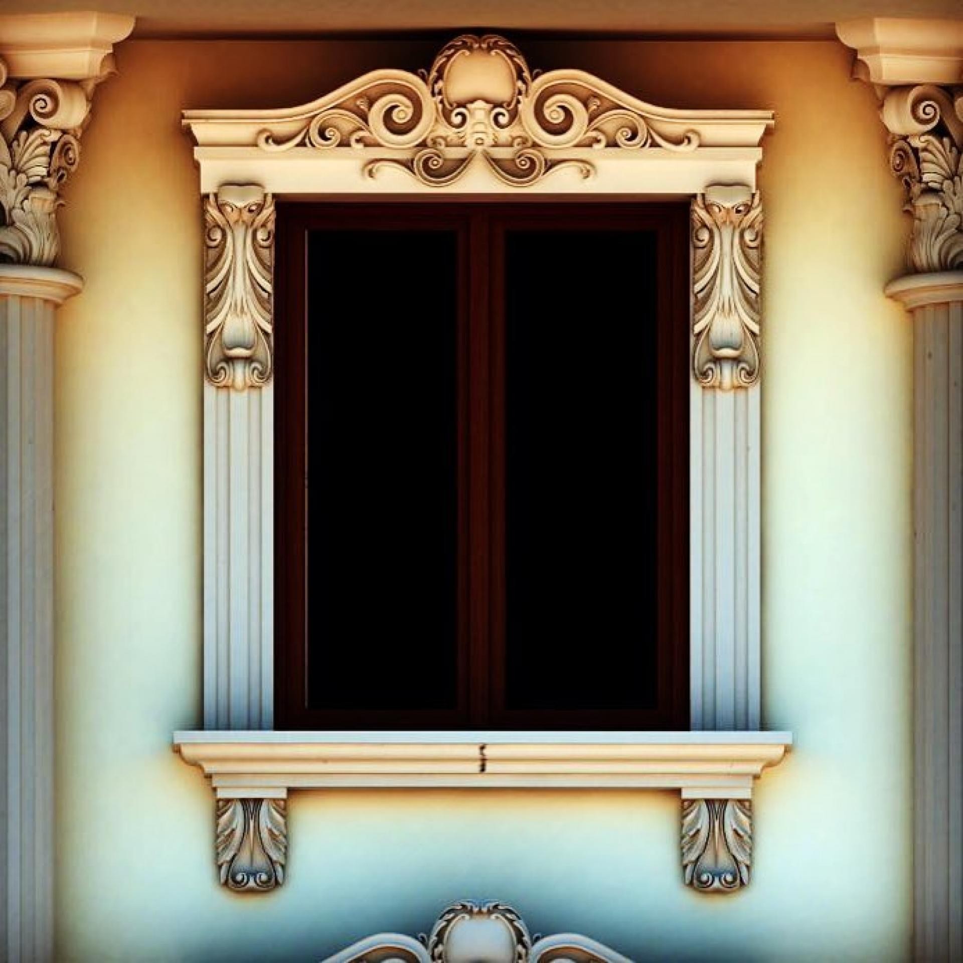 Decorazione neoclassica per finestre esterne con timpano Polure P2839, cornici P1456 e mensole P9927 in toni crema.