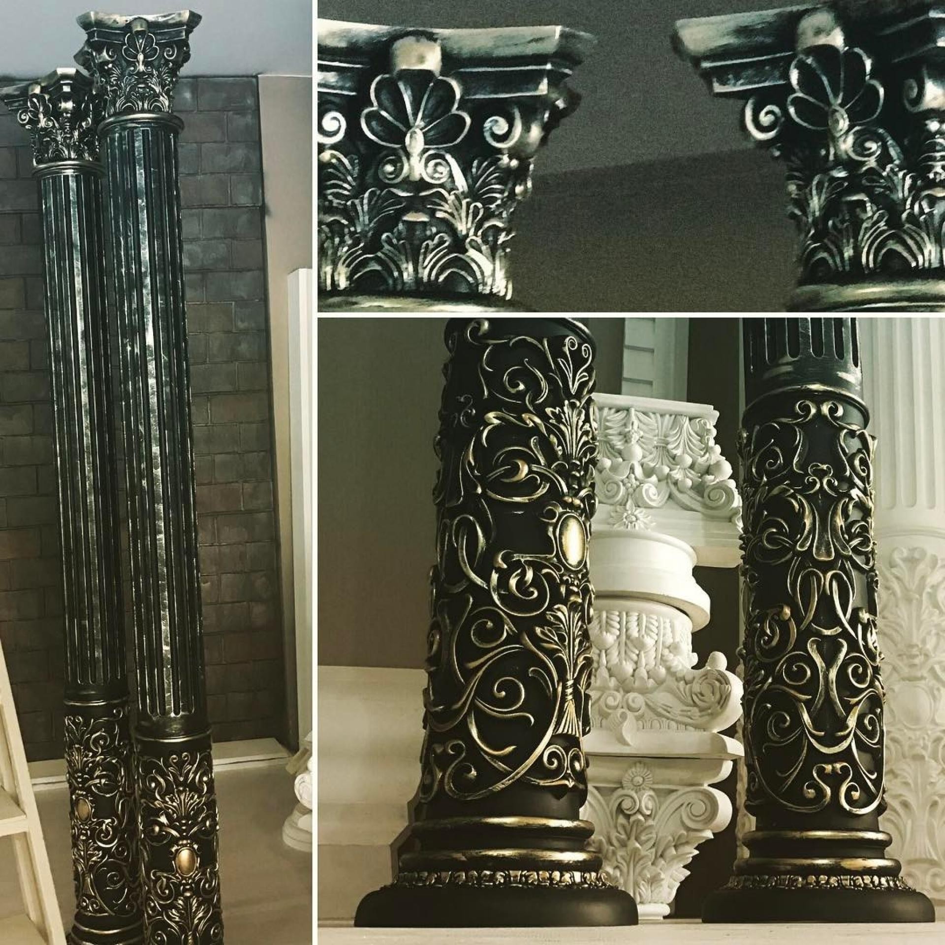 Colonne corinzie decorative con finitura patina nero e bronzo, capitelli P5920C e fusti scanalati P5520 di Polure.