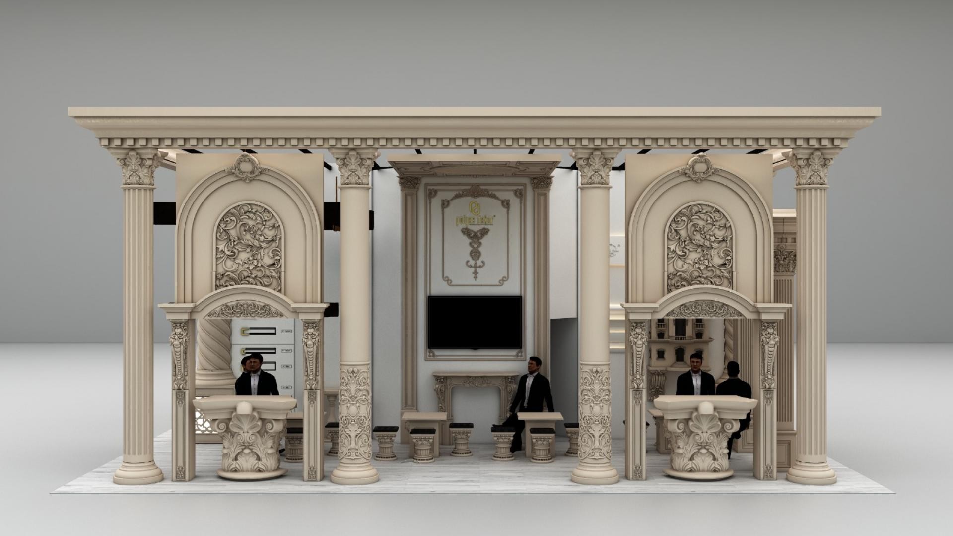 Design stand fieristico neoclassico con colonne in poliuretano Polure P5280 e pannelli decorativi floreali P1460M10.