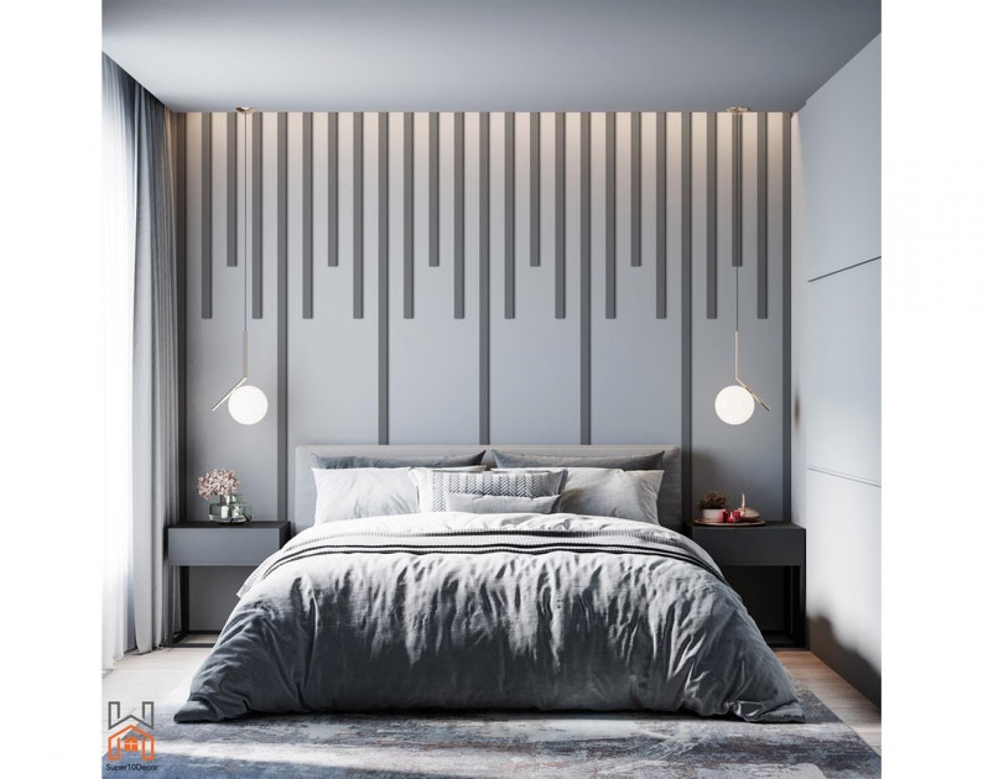Camera da letto moderna con listelli verticali in poliuretano grigio, mobili antracite e pannelli murali geometrici.