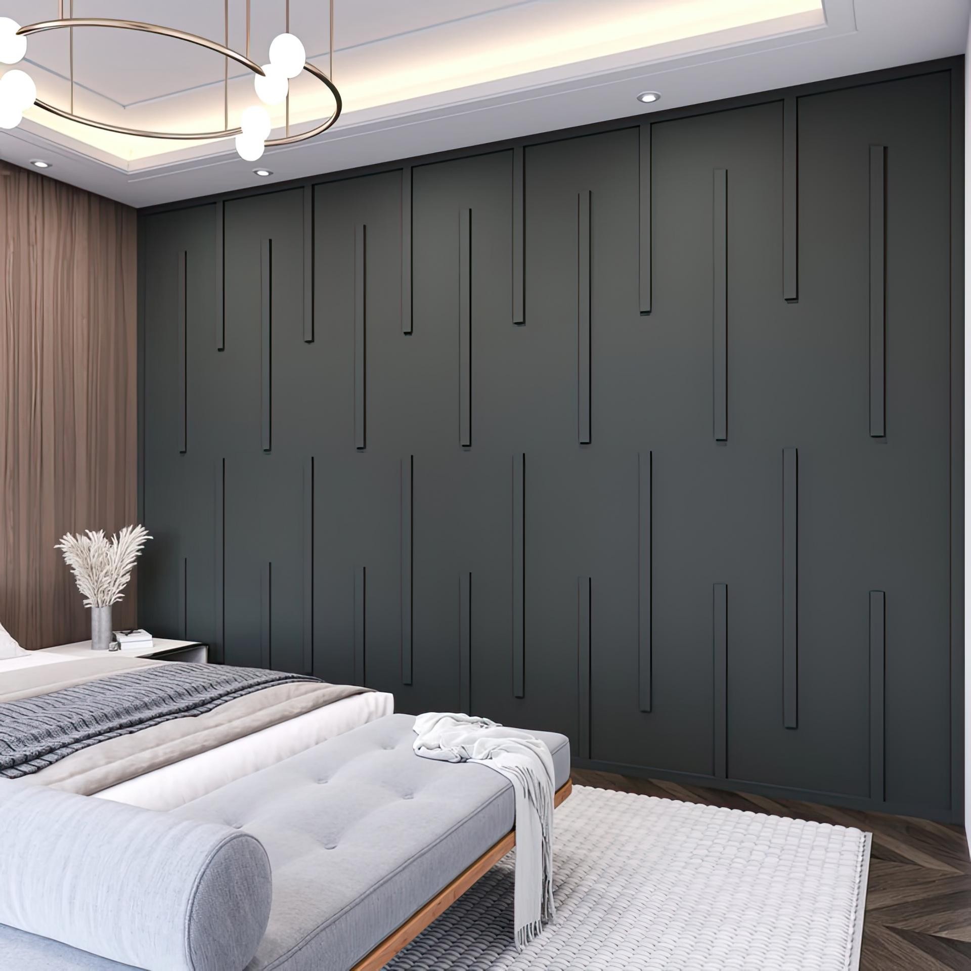 Camera da letto moderna con parete antracite decorata con modanature verticali asimmetriche Polure in poliuretano.