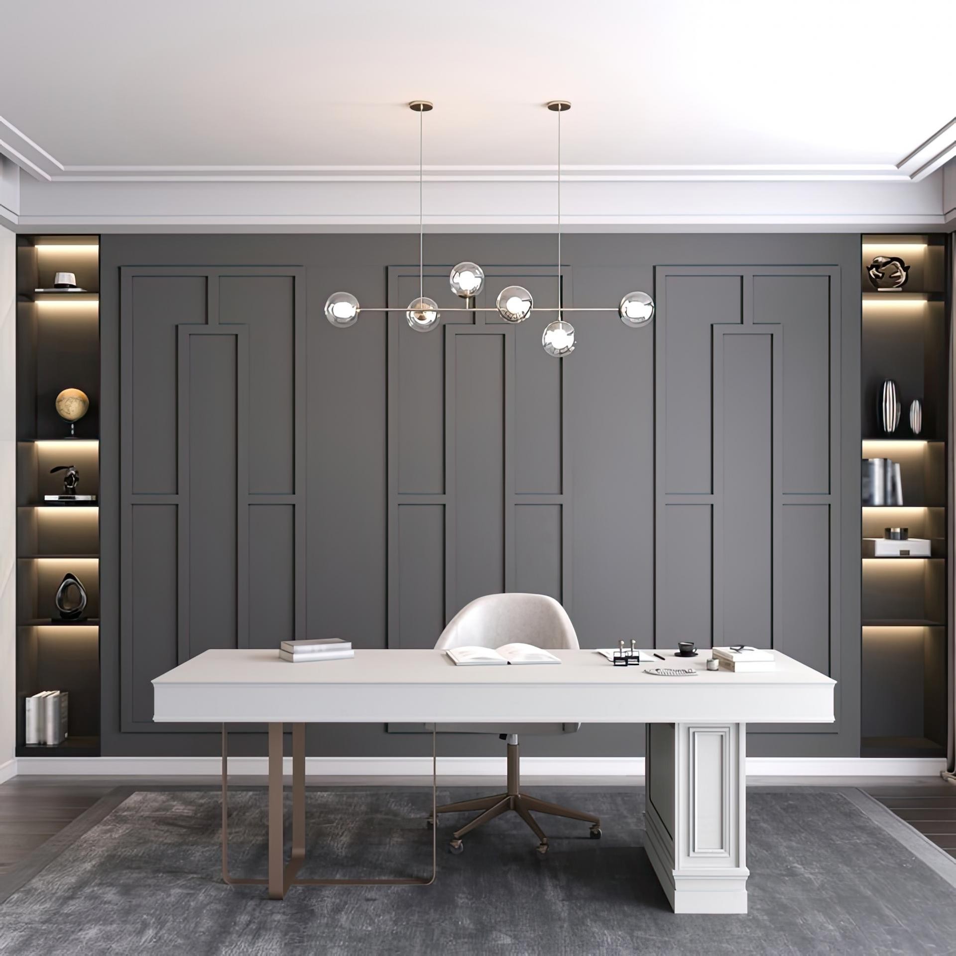 Interno ufficio moderno con pannelli geometrici in poliuretano antracite P851350 e illuminazione LED.
