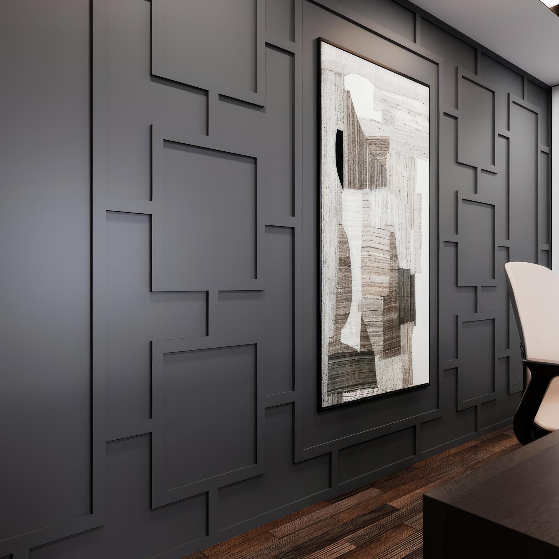 Soggiorno moderno con boiserie geometrica in poliuretano antracite modello P851350 di Polure su parete scura.