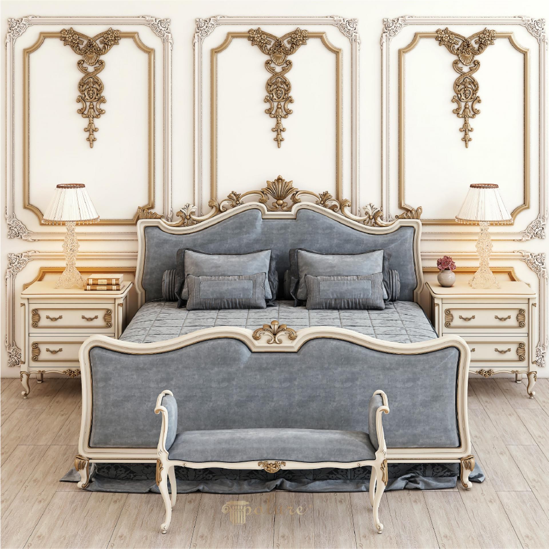 Elegante camera da letto con boiserie Polure in poliuretano, motivi in foglia d'oro e design classico simmetrico.