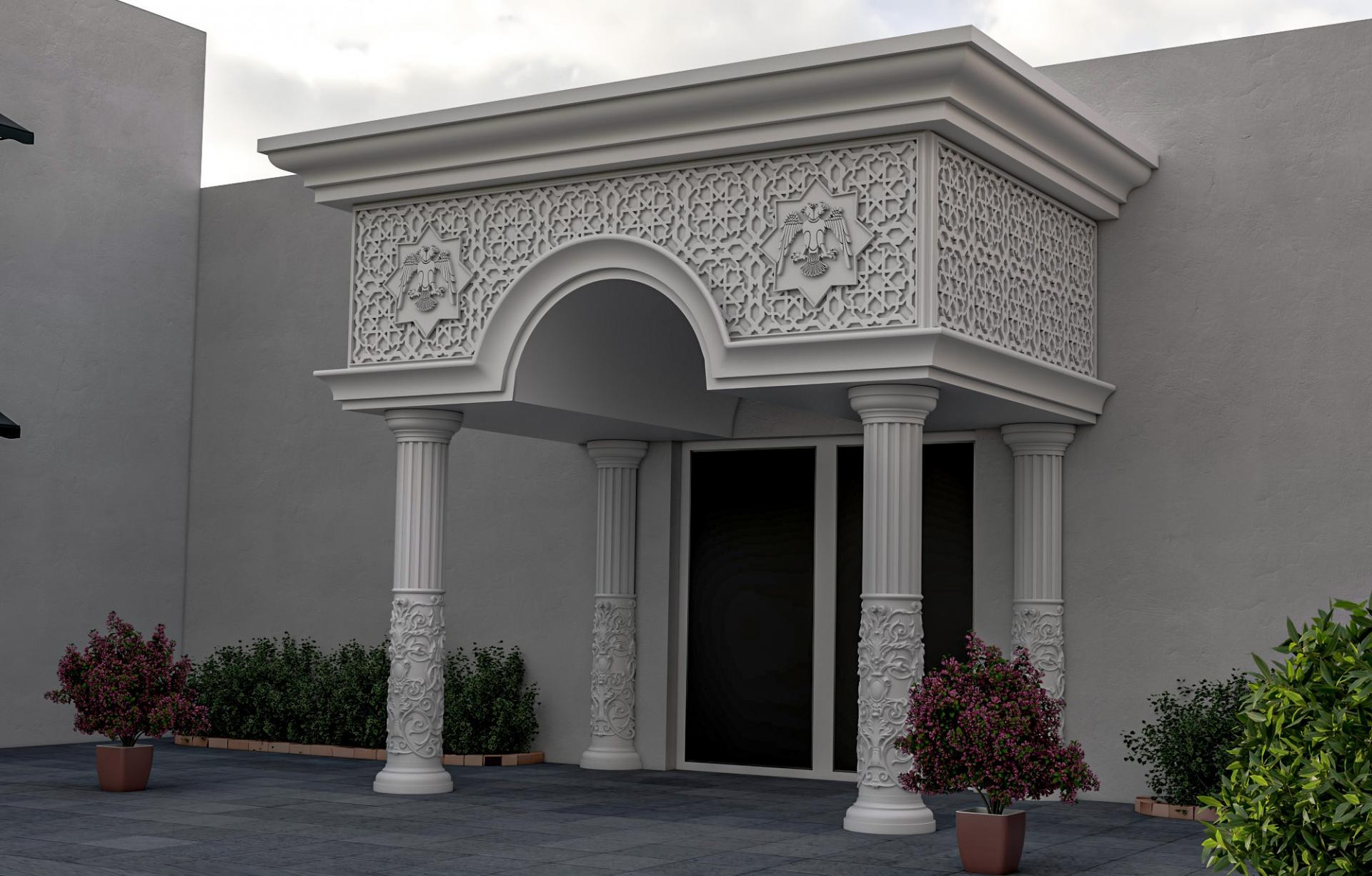 Ingresso monumentale di villa con colonne scanalate Polure, capitelli ionici e pannelli decorativi selgiuchidi in bianco.