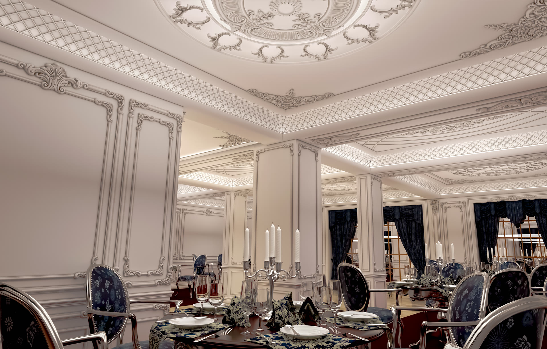 Elegante sala matrimoni con decorazioni in poliuretano Polure su soffitti e pareti in stile neoclassico e luci LED.