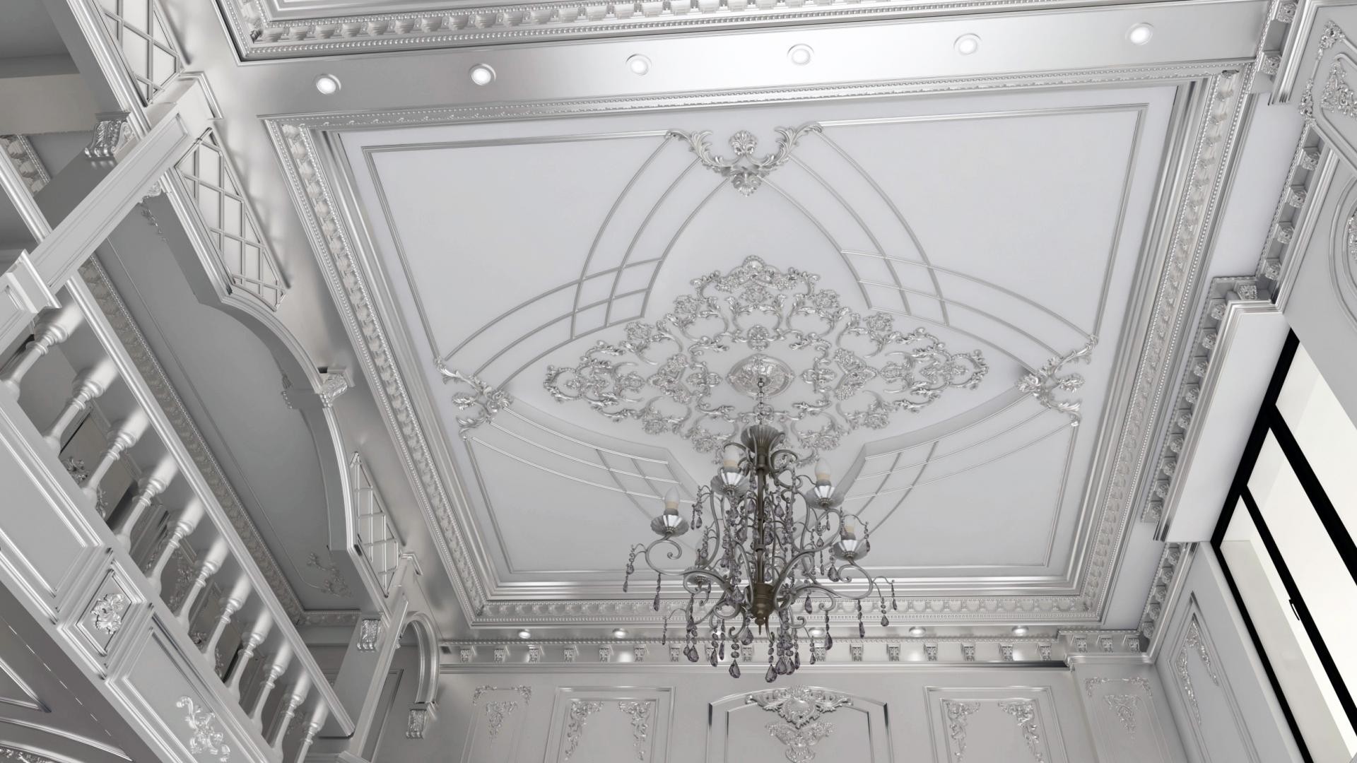Interno ufficio neoclassico con decorazioni del soffitto in poliuretano patina argento, cornici e modanature a parete di Polure.