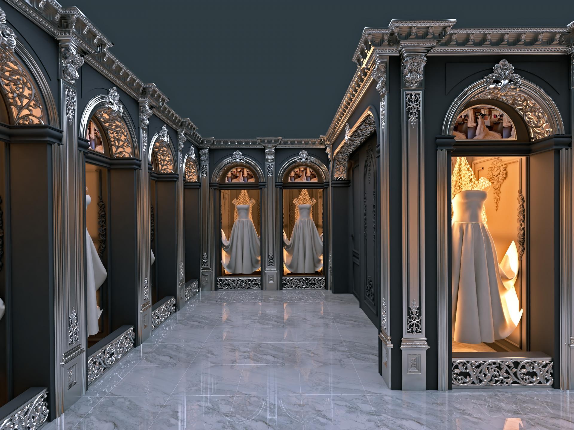 Interno di boutique di lusso neoclassica con pareti antracite, archi in poliuretano e paraste in foglia d'argento.