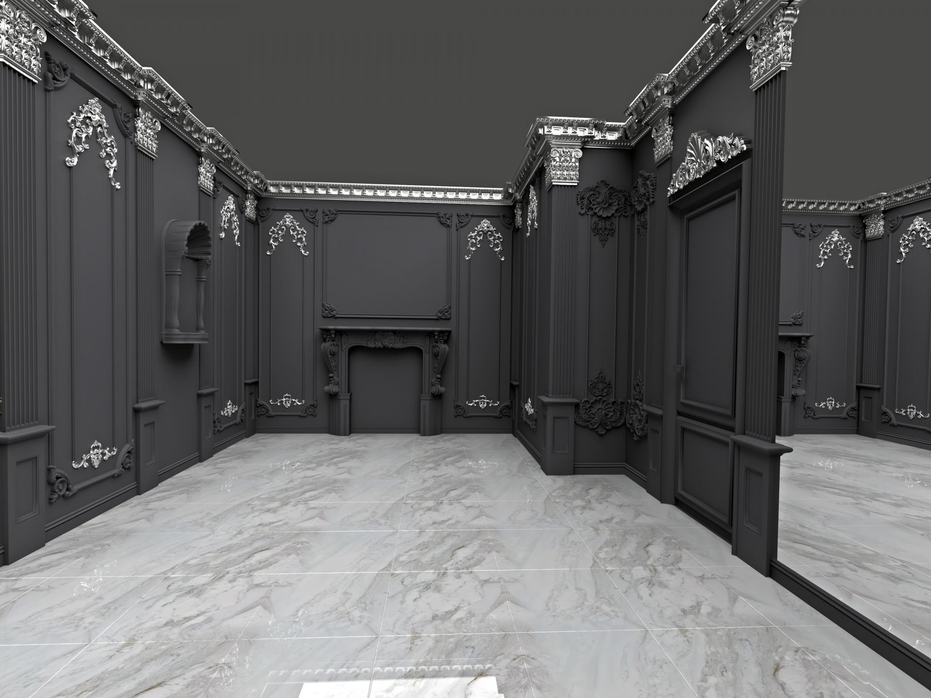 Interno di un negozio di lusso con pareti antracite, cornice camino in poliuretano P2900A e boiserie argento.