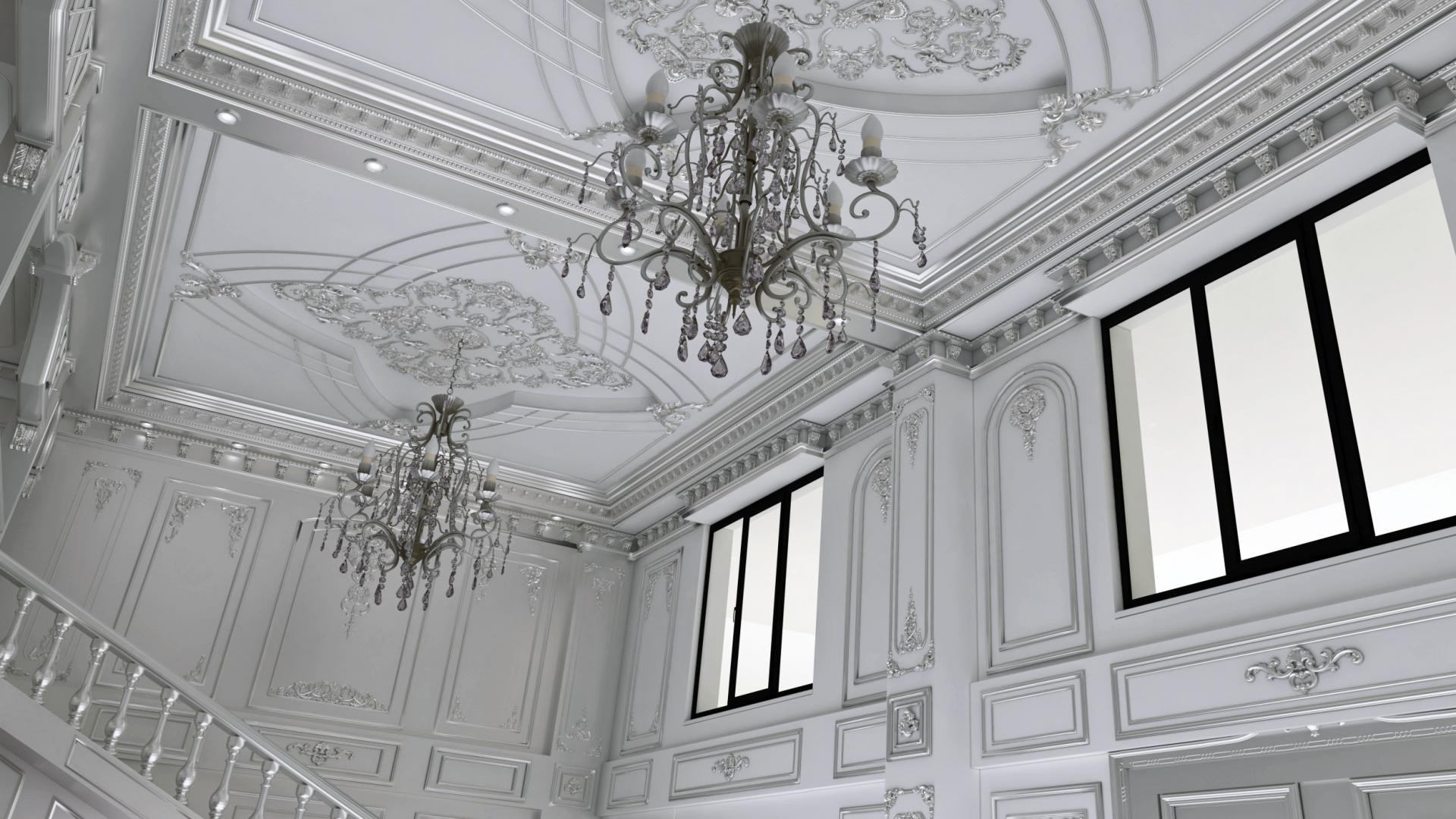 Interno ufficio neoclassico con rosone in poliuretano Polure P8088B e decorazioni murali in foglia d'argento.
