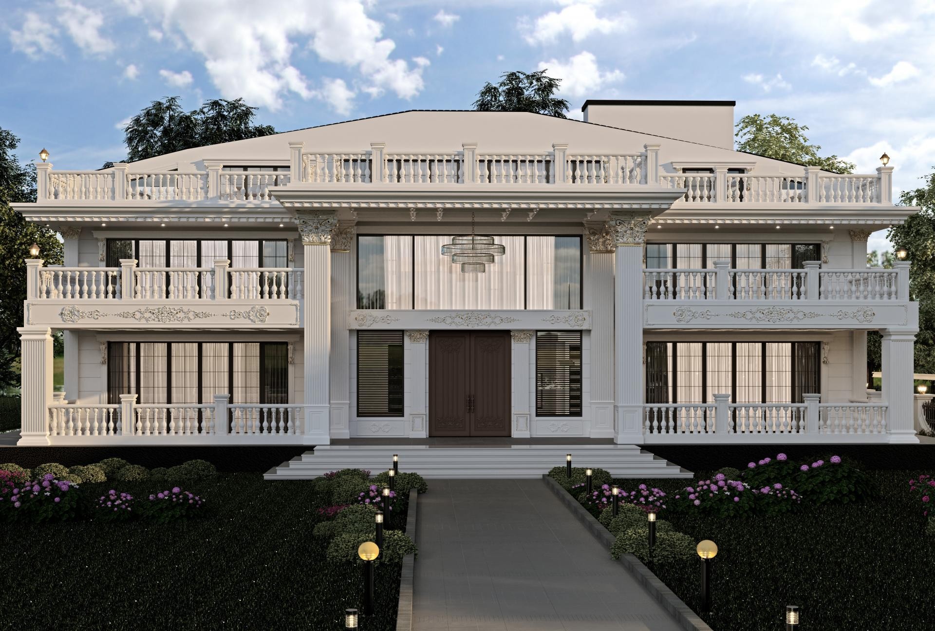 Facciata di villa neoclassica con colonne in poliuretano Polure, stipiti per finestre P1460 e balaustre eleganti.