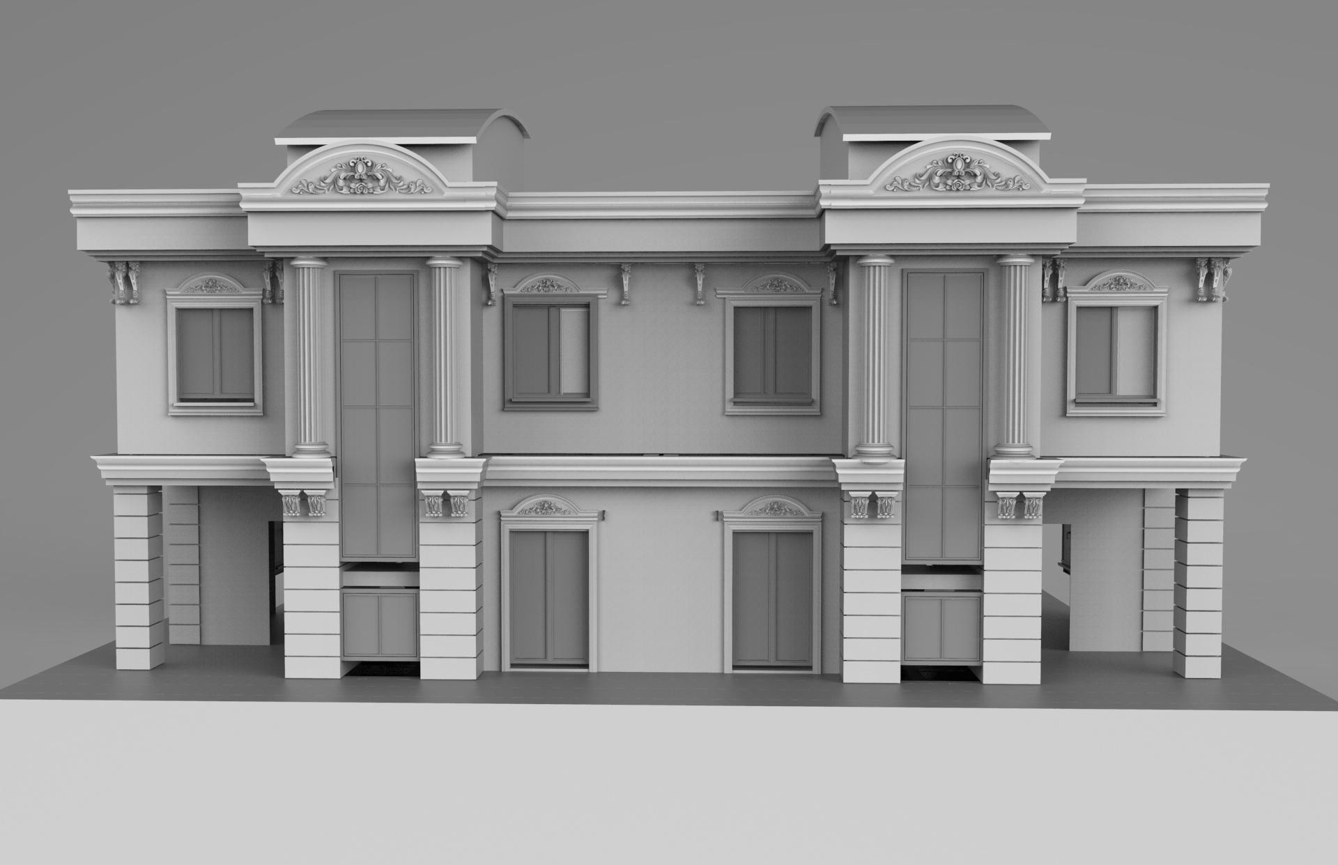 Klasik mimari tarzda tasarlanmış, yoğun işlemeli poliüretan sütun, söve, taç ve payanda detaylarına sahip simetrik villa dış cephe 3D render tasarımı.