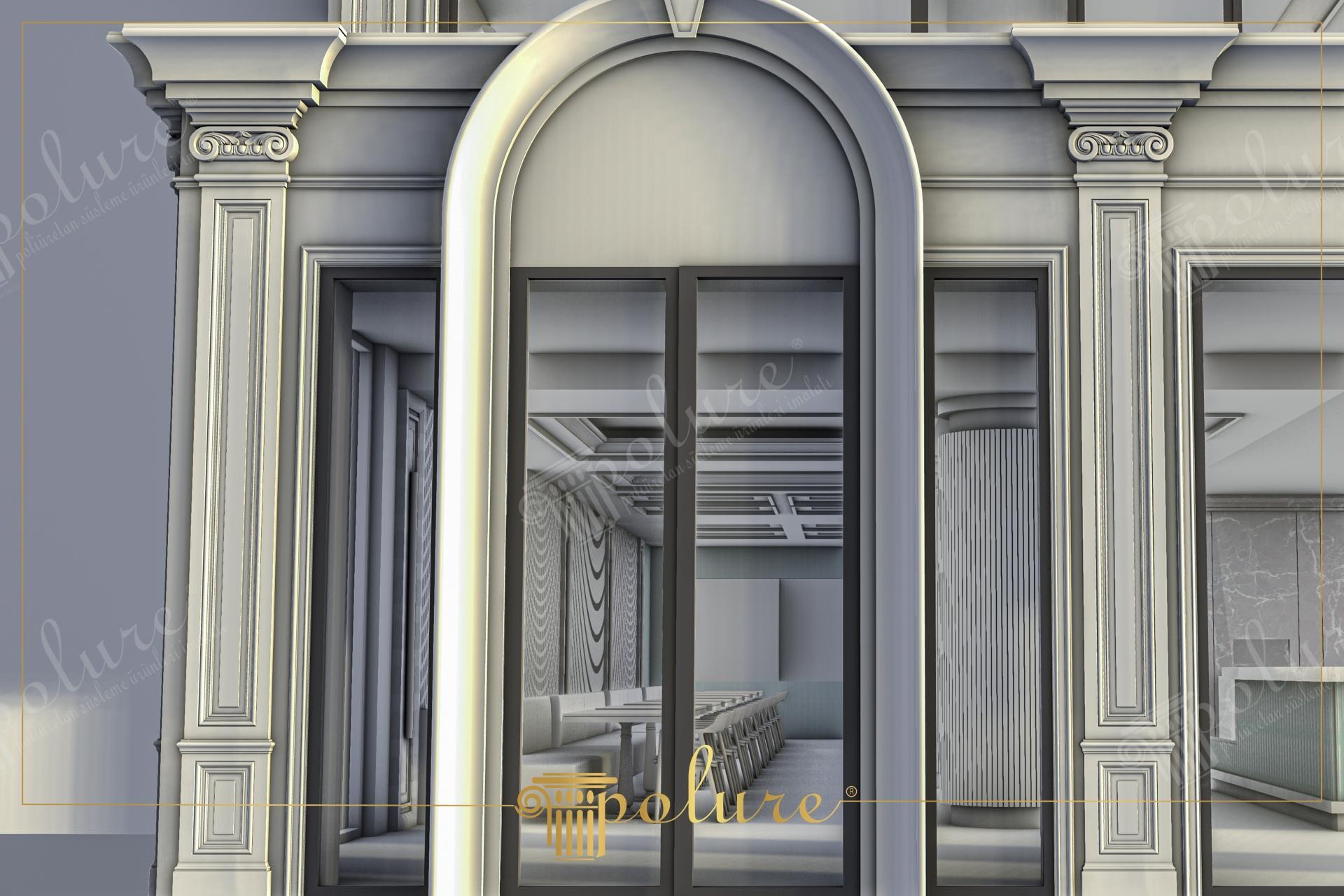 Ingresso moderno neoclassico con colonne scanalate Polure P5040B, capitelli ionici P9003A e cornici ad arco P1472.