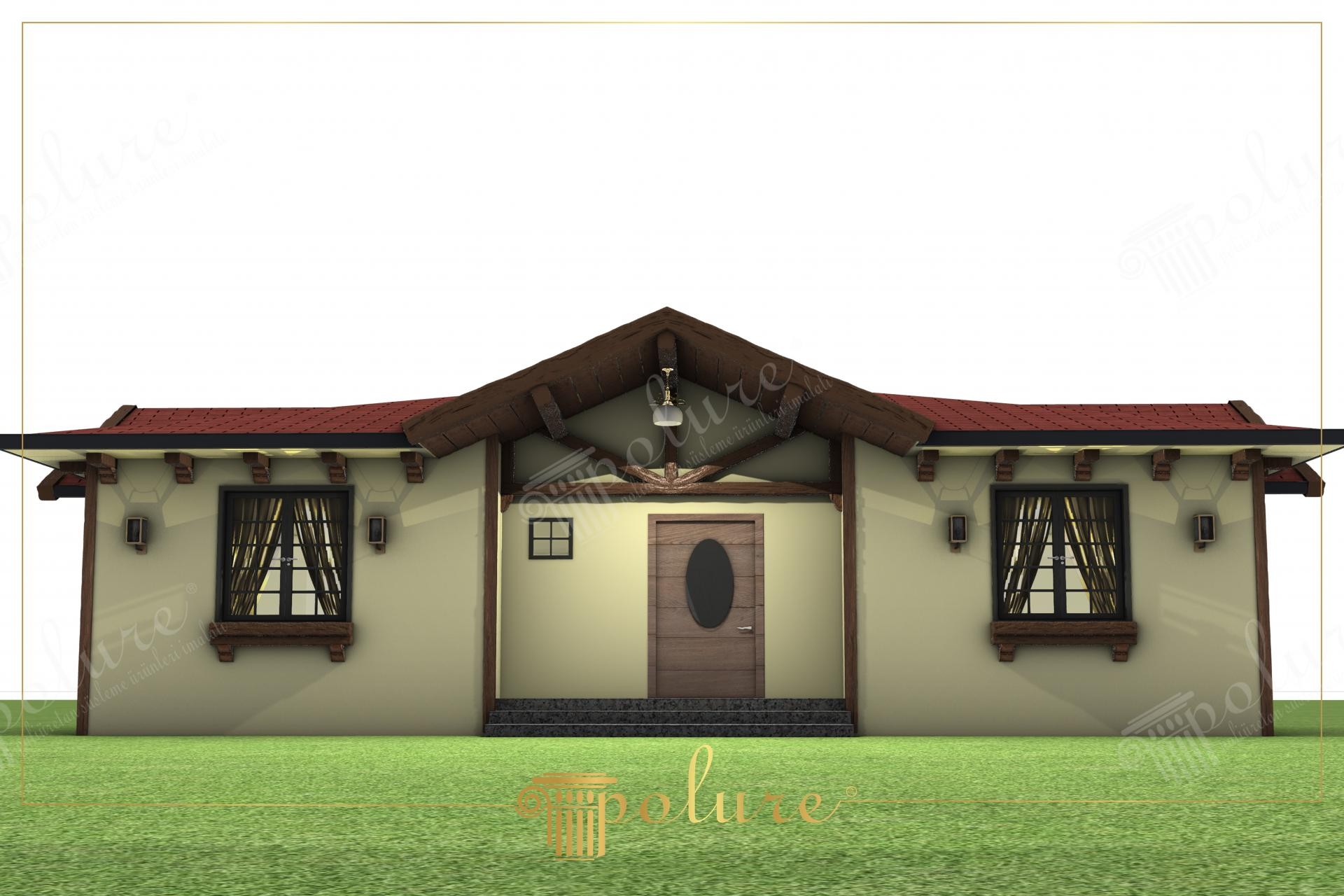 Villa moderna con travi in poliuretano effetto legno Polure P1981 e decorazioni esterne rustiche di alta qualità.