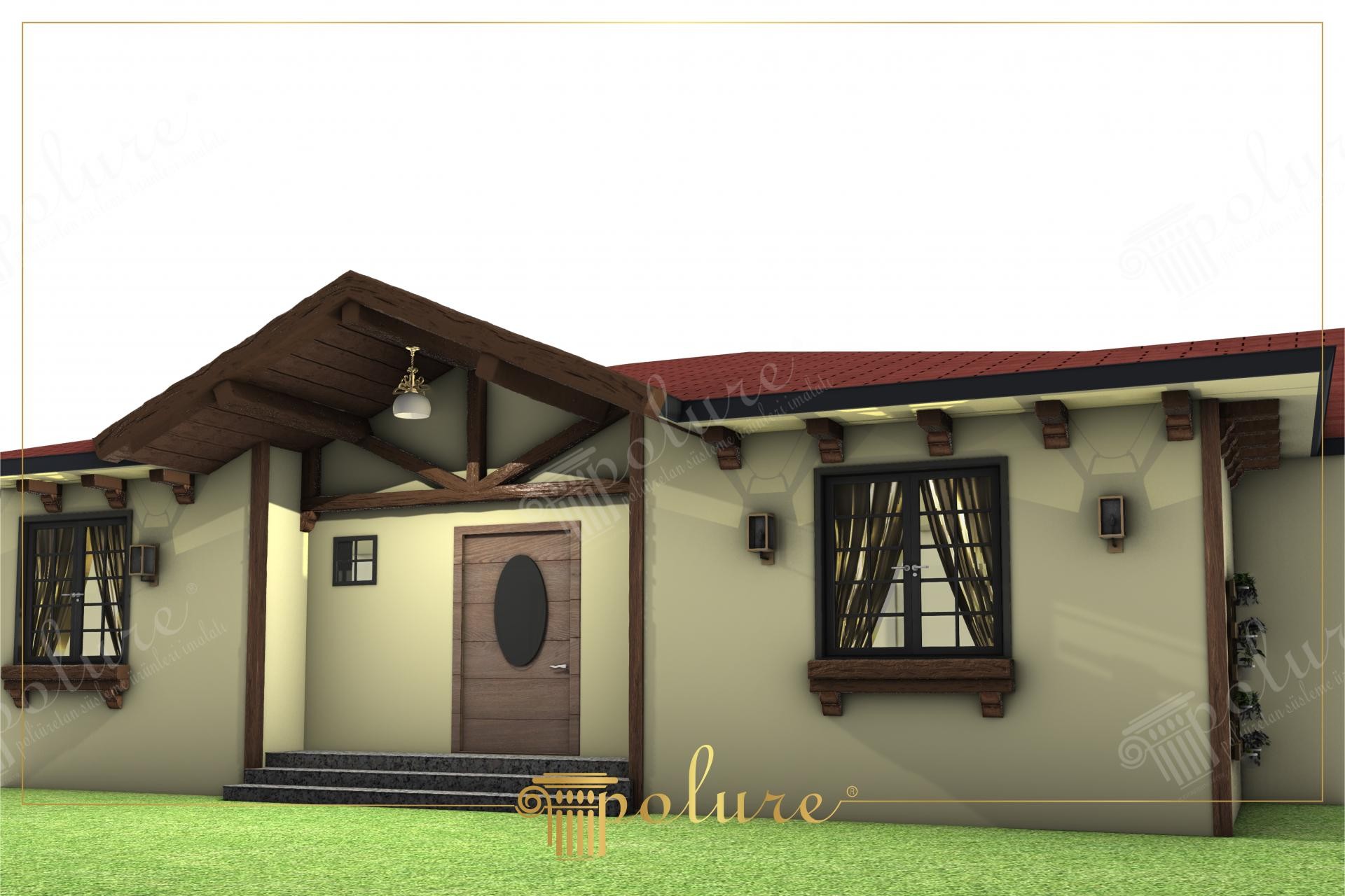 Facciata di casa rustica con travi in poliuretano Polure P1981G effetto legno noce, correnti decorative e mostrine per finestre.