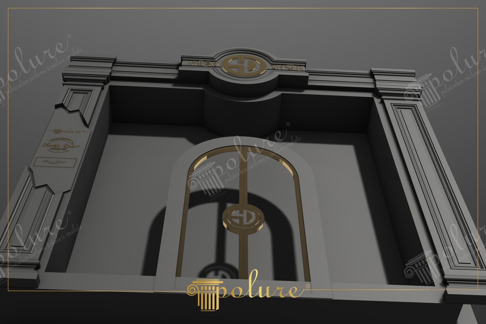 Ingresso moderno per negozio con colonne in poliuretano antracite, dettagli oro e cornici decorative firmate Polure.
