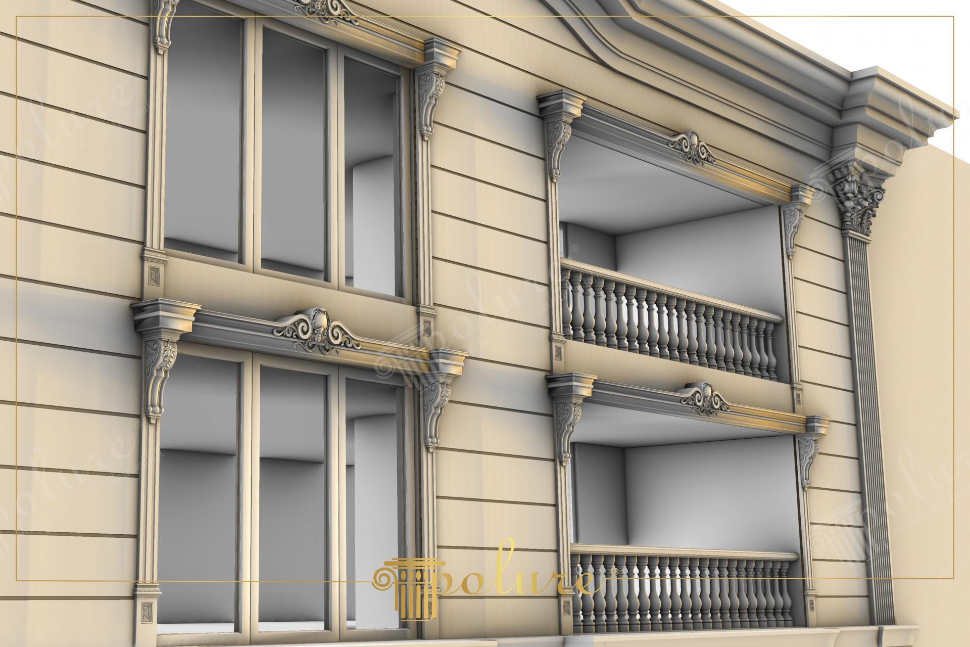 Design esterno classico per negozi con stipiti in poliuretano, mensole decorative e balaustre in tonalità beige.