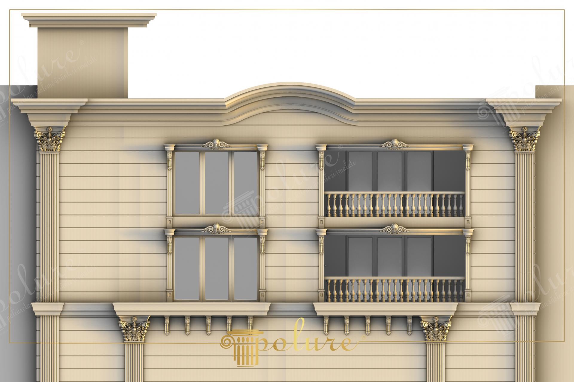 Facciata di edificio commerciale neoclassico con colonne, balaustre e cornici in poliuretano Polure.