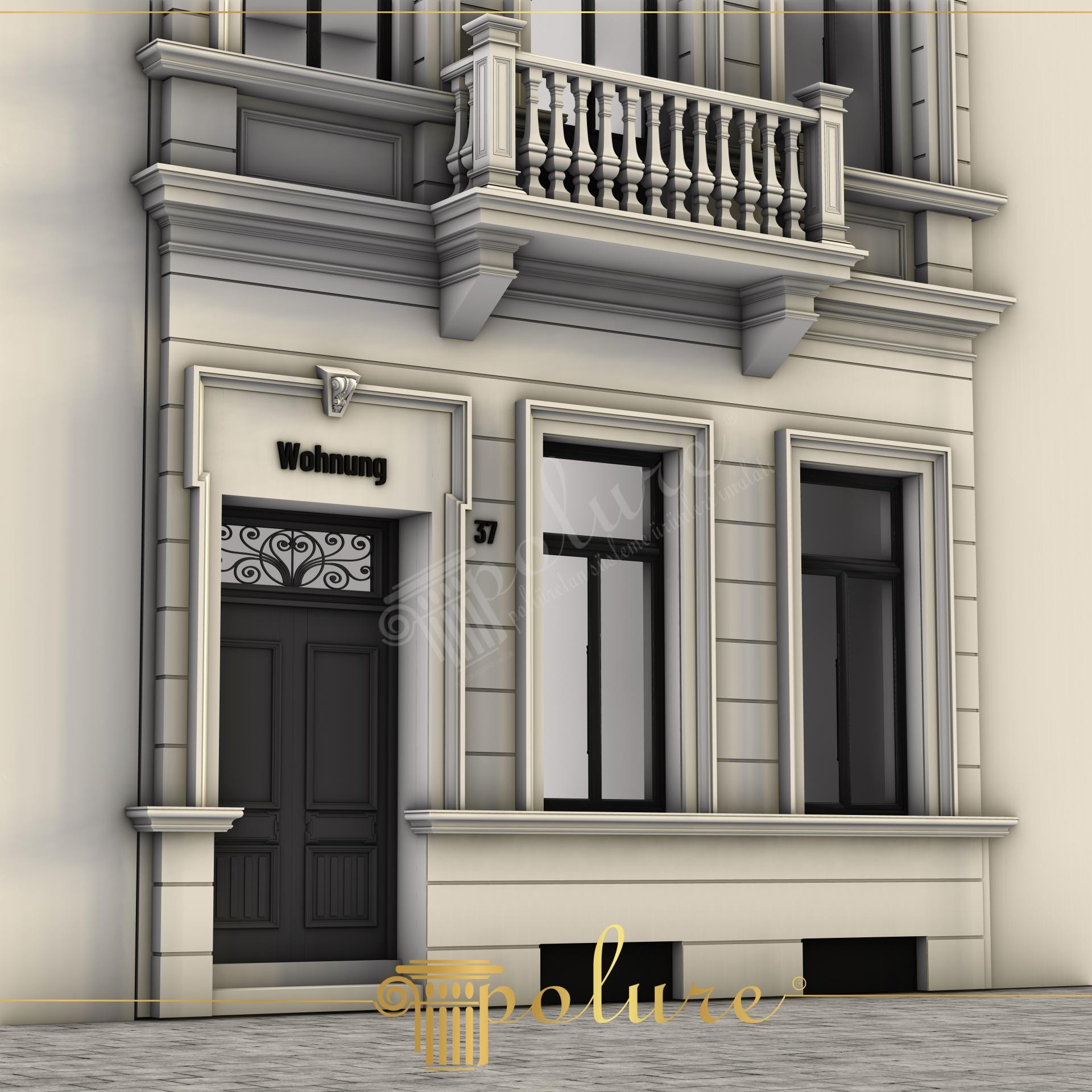 Facciata esterna residenziale neoclassica con mostrine per finestre, frontoni per porte e balaustre Polure in poliuretano.