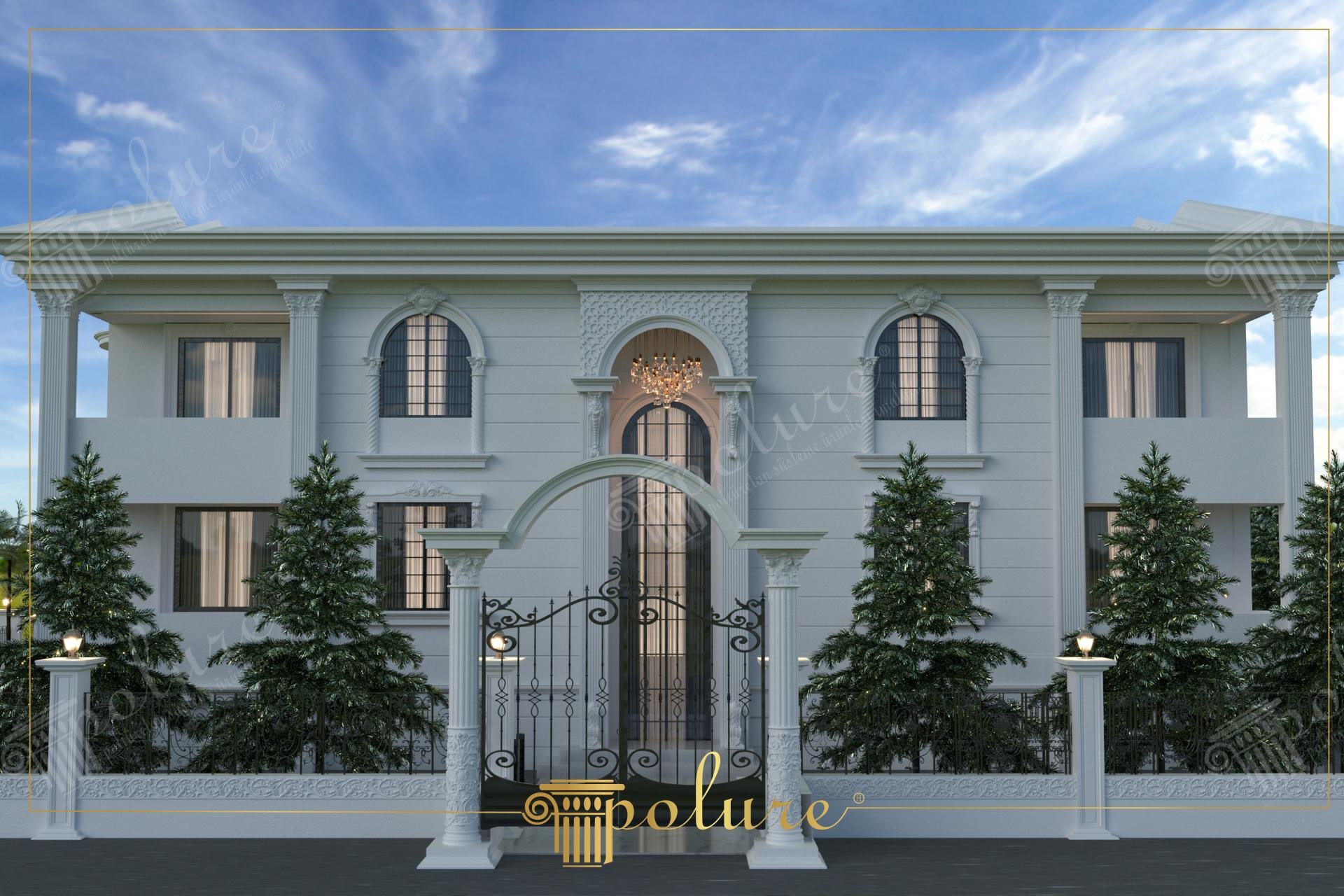 Facciata di villa bianca di lusso con colonne in poliuretano Polure, cornici per finestre e archi decorativi neoclassici.