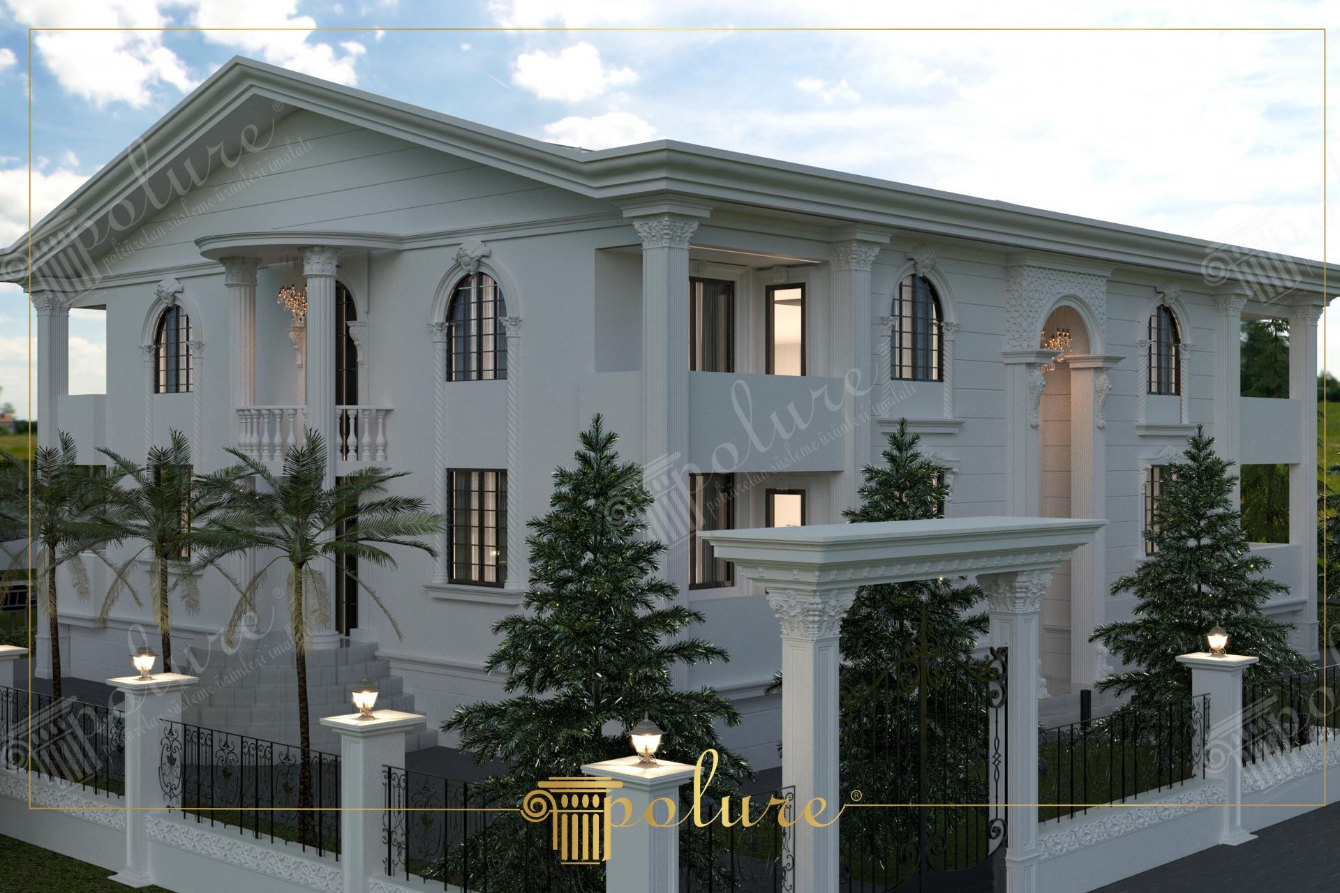 Esterno di villa neoclassica di lusso con colonne Polure P8021A, finestre ad arco e decorazioni in poliuretano bianco.