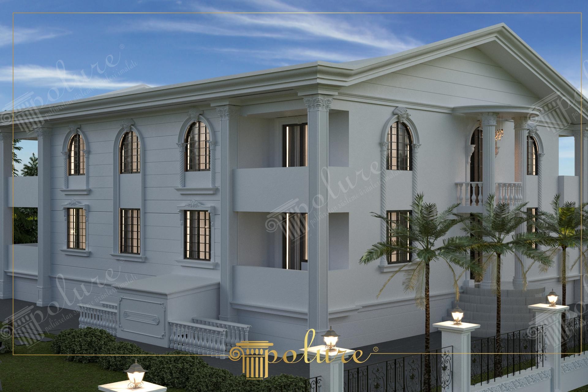 Facciata di villa neoclassica bianca con colonne, stipiti per finestre e pannelli decorativi in poliuretano Polure.