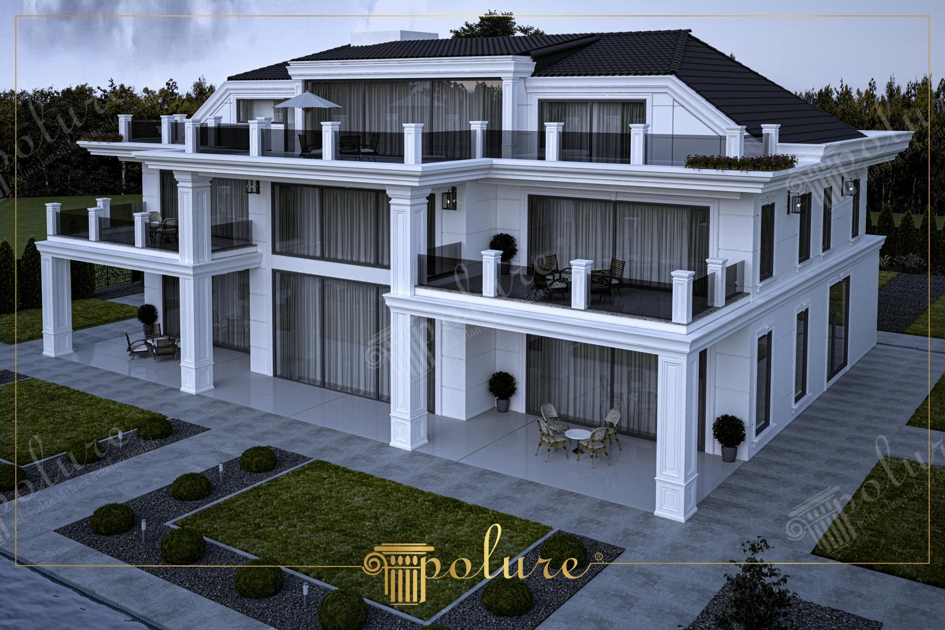 Elegante villa neoclassica bianca con grandi vetrate, colonne in poliuretano scanalate e dettagli moderni in antracite.