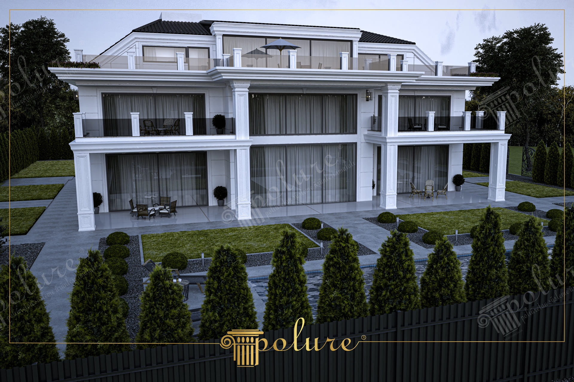 Facciata di villa bianca moderna con grandi colonne quadrate in poliuretano, balconi in vetro e giardino curato.