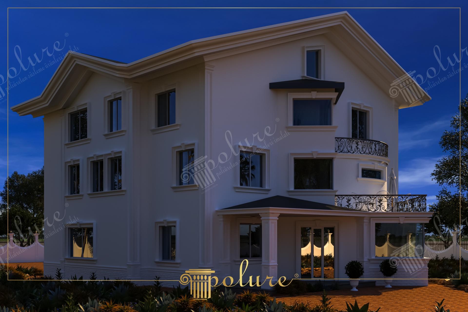 Esterno di villa moderna con cornici per finestre, marcapiano e colonne d'ingresso decorative in poliuretano Polure.
