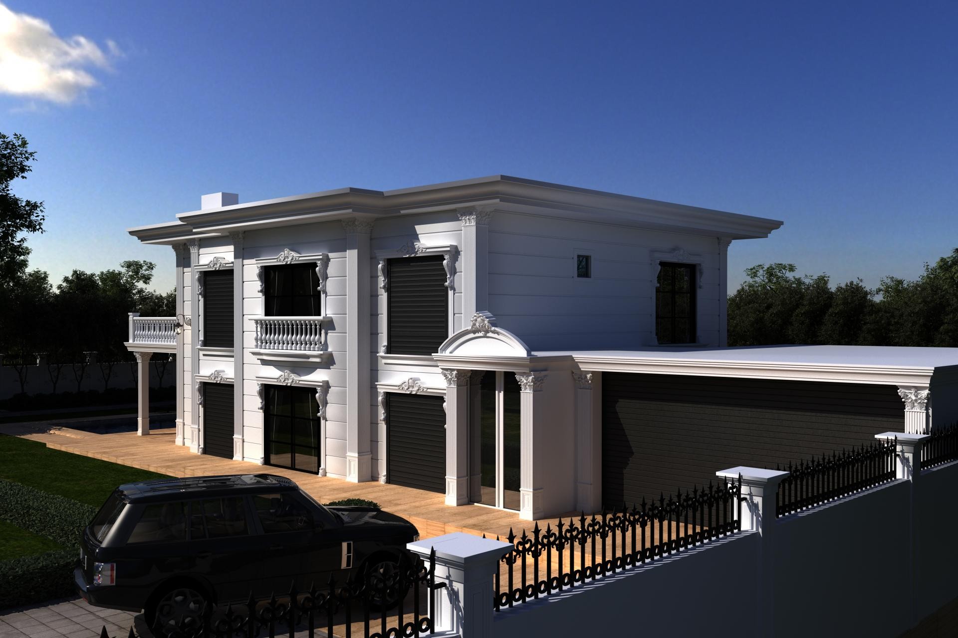 Facciata di villa neoclassica con colonne bianche in poliuretano, cornici nere e decorazioni P-1460.