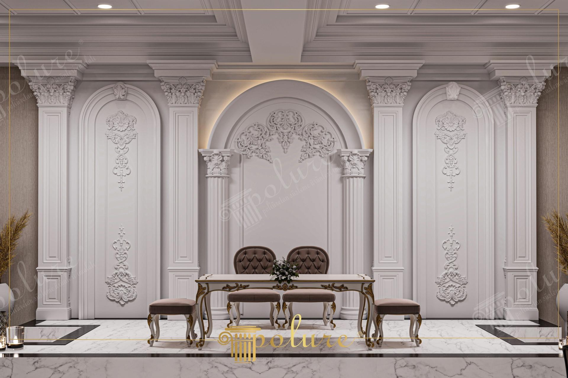 Interno di sala matrimoni neoclassica con archi, lesene e decorazioni in rilievo in poliuretano Polure con illuminazione LED.
