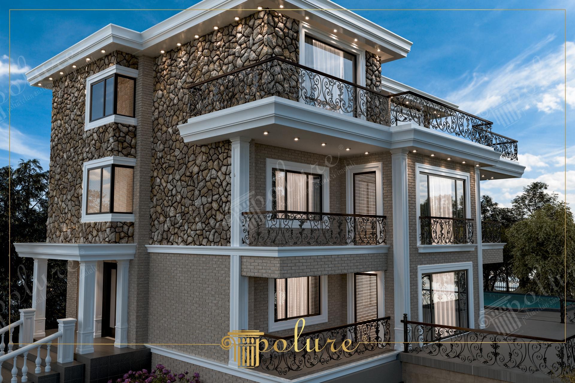 Facciata di villa moderna con rivestimento in pietra e dettagli decorativi Polure in poliuretano bianco.