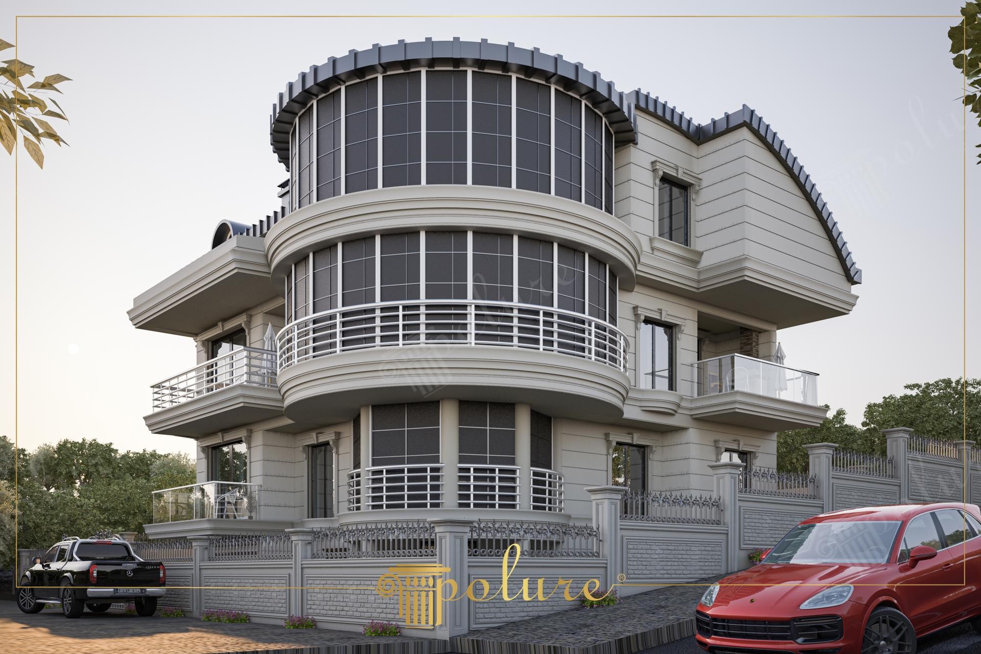 Esterno di villa moderna con torre curva in poliuretano, pannelli orizzontali P1458 e cornici decorative P1462.
