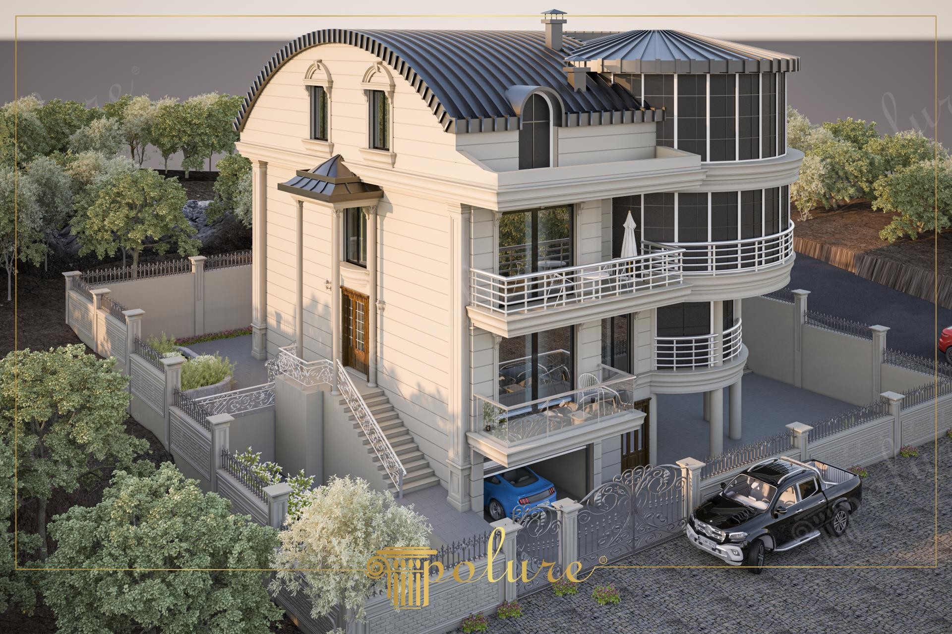 Facciata di villa moderna con pilastri in poliuretano Polure, cornici P1460 e ampie vetrate curve.