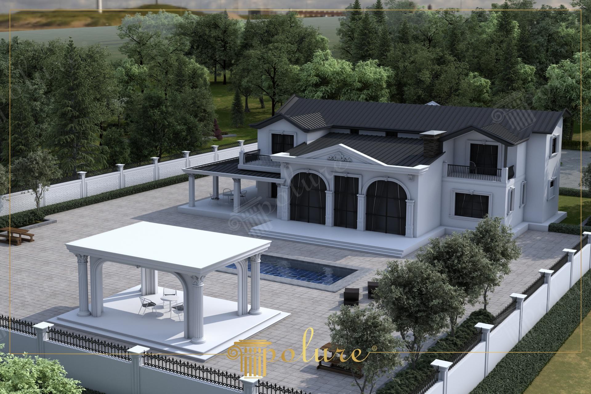 Facciata di villa neoclassica con colonne in poliuretano bianco, finestre ad arco P1460 e gazebo di lusso a bordo piscina.