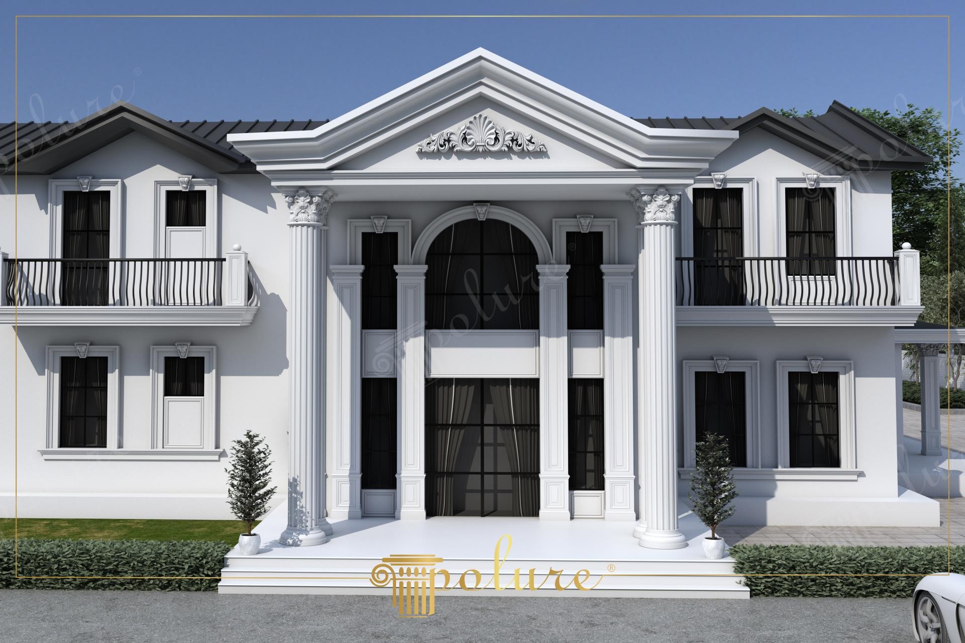 Facciata di lusso di una villa neoclassica con alte colonne in poliuretano Polure, finestre ad arco e modanature bianche.