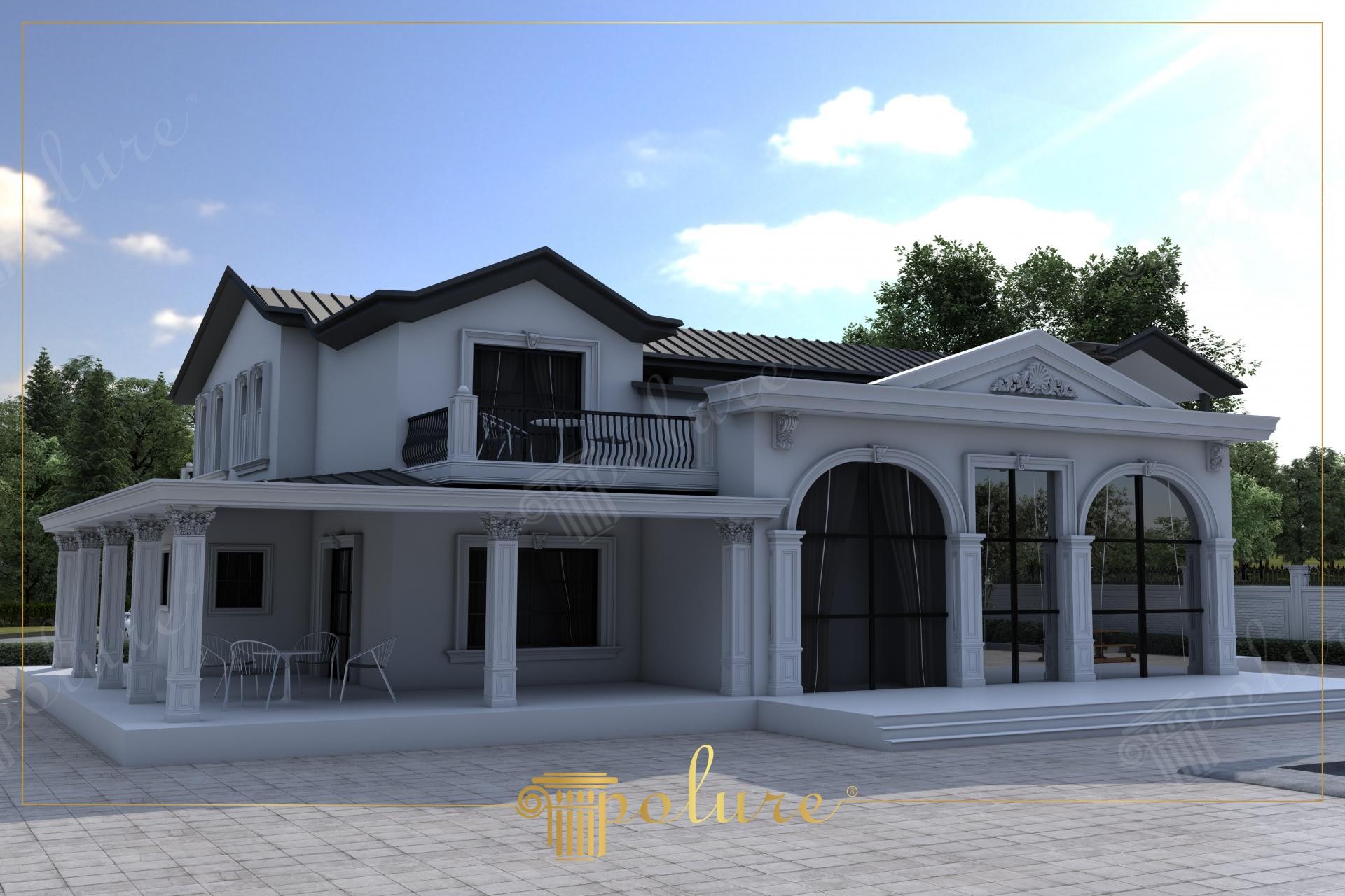 Neoclassical villa exterior featuring polyurethane columns, Corinthian capitals, and decorative window pediments by Polure.