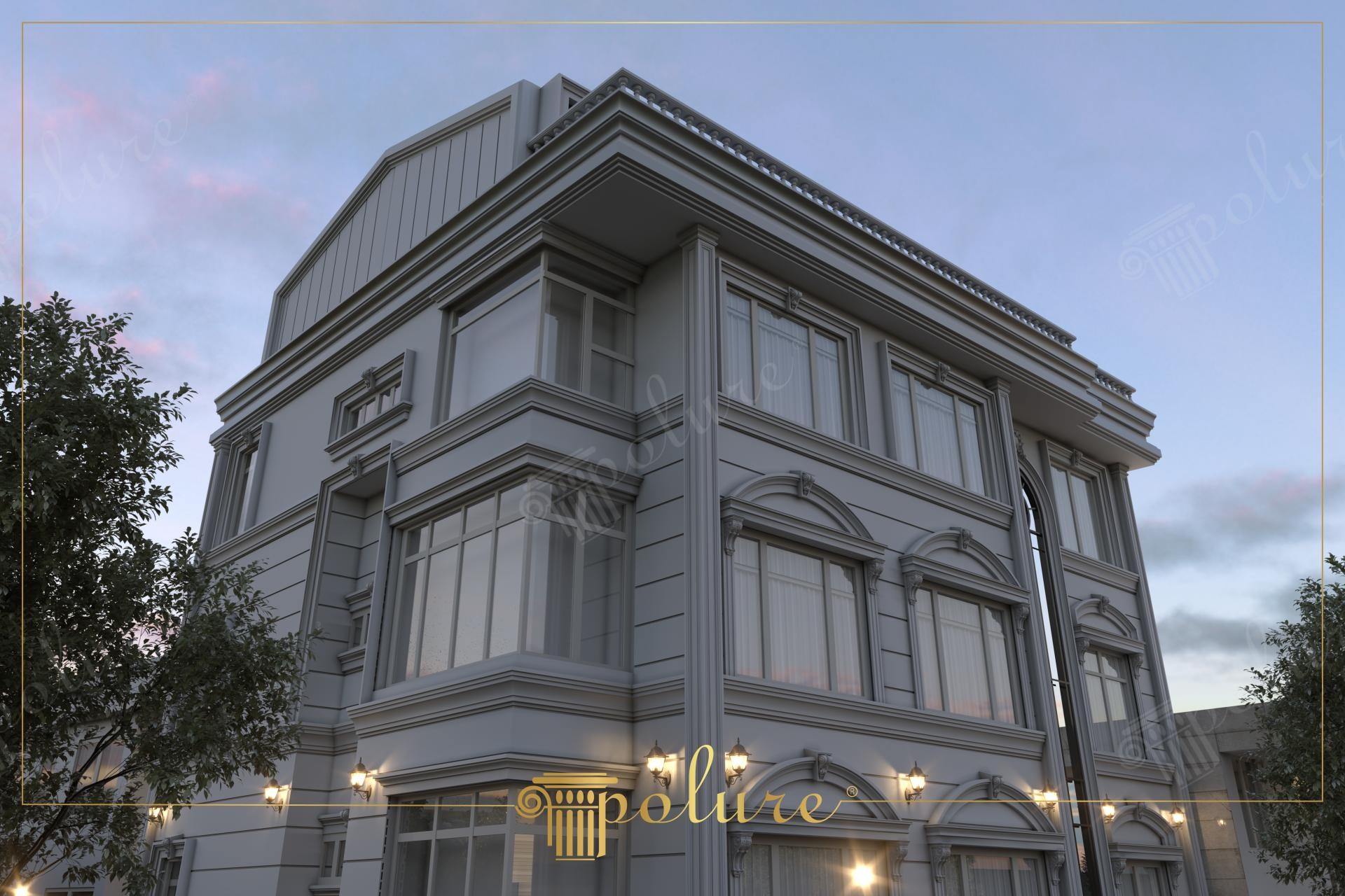 Esterno di villa moderna antracite con cornici per finestre, lesene e frontoni decorativi in poliuretano Polure.