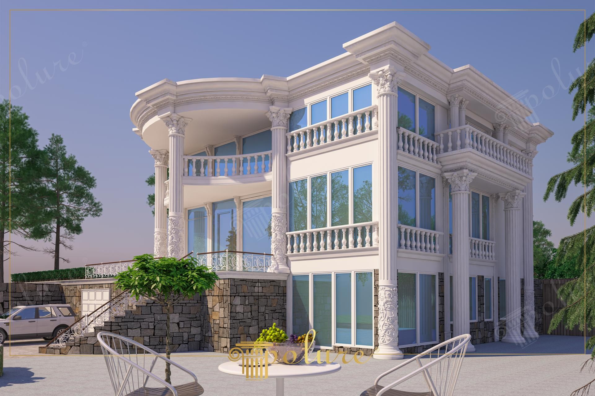 Villa neoclassica di lusso con colonne bianche Polure in poliuretano con capitelli ionici e balaustre decorative per balconi.