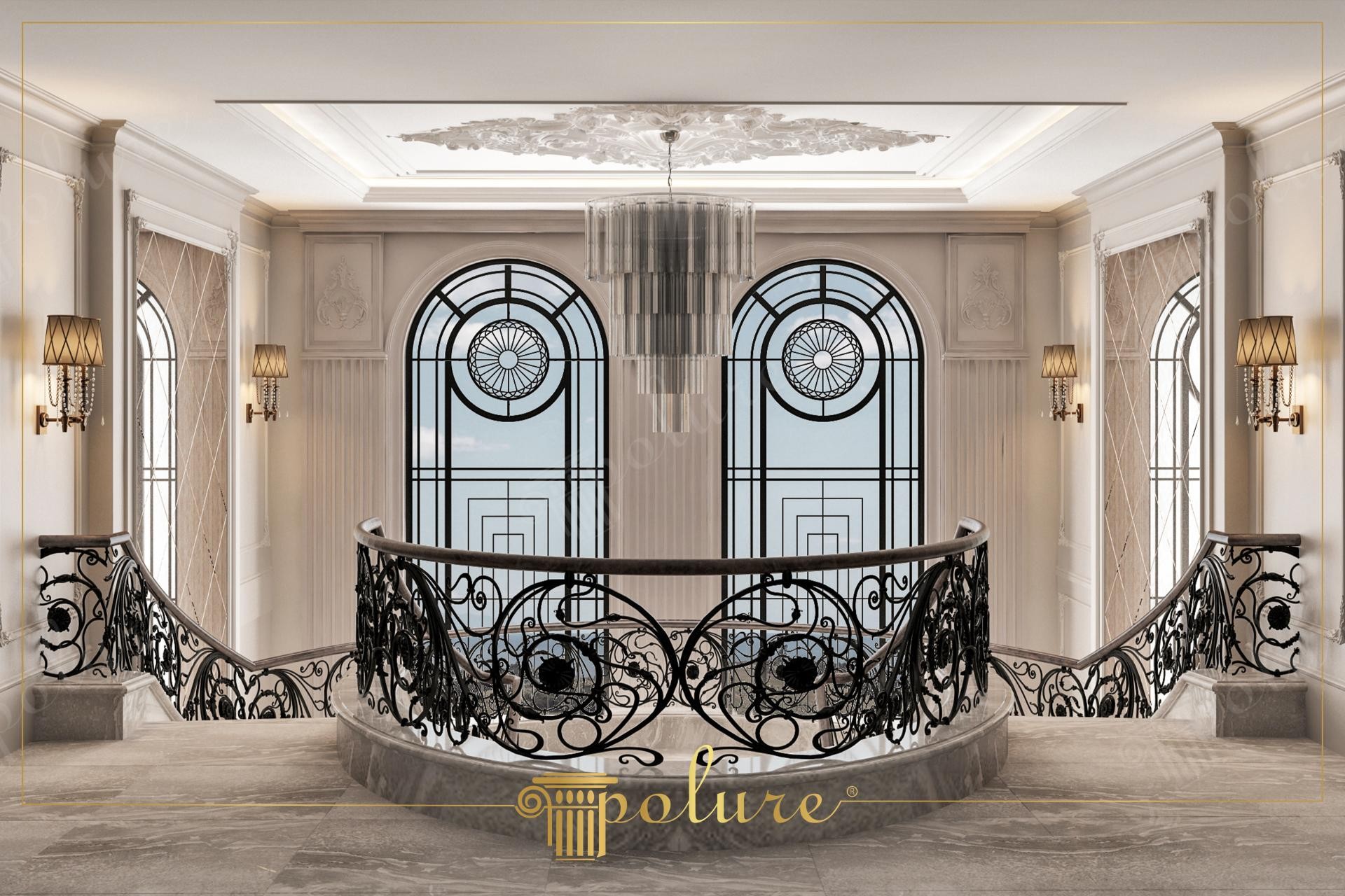 Maestoso atrio neoclassico con scale, cornici decorate in poliuretano Polure e finestre ad arco eleganti.