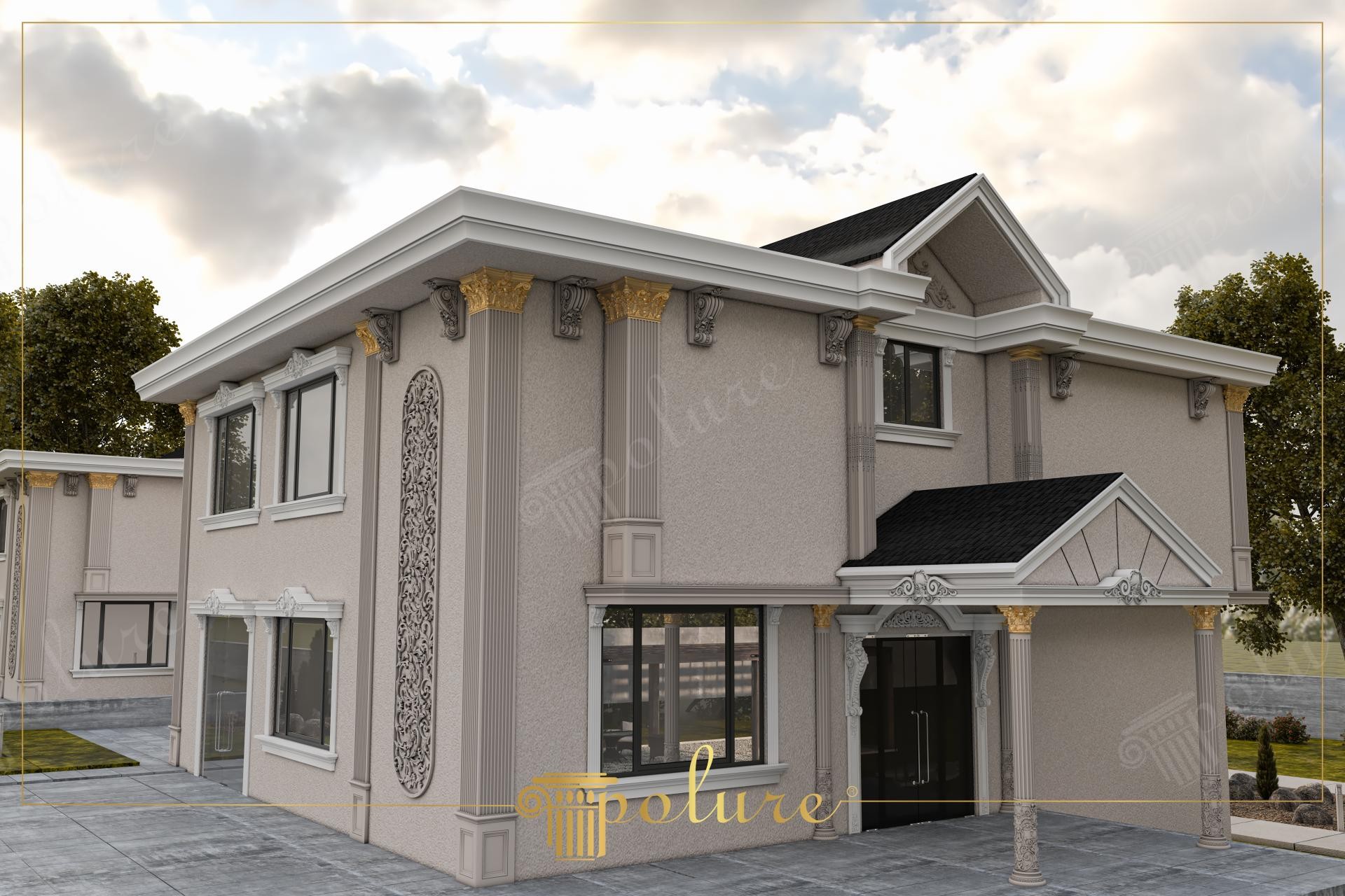 Facciata di villa di lusso con colonne in poliuretano Polure, capitelli corinzi dorati e cornici decorative per finestre.