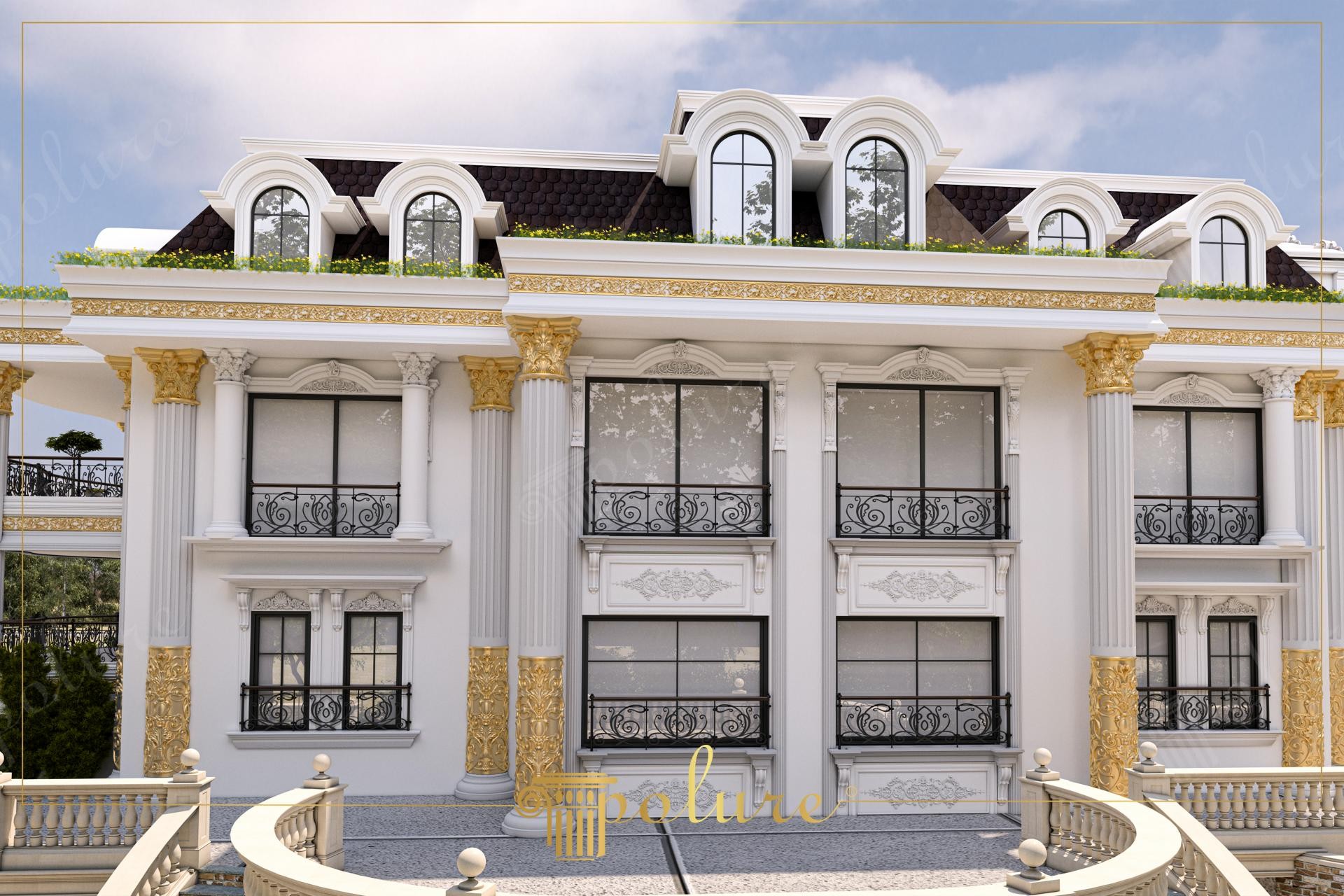 Esterno di una villa di lusso con colonne in poliuretano Polure con capitelli in foglia d'oro e cornici decorative.