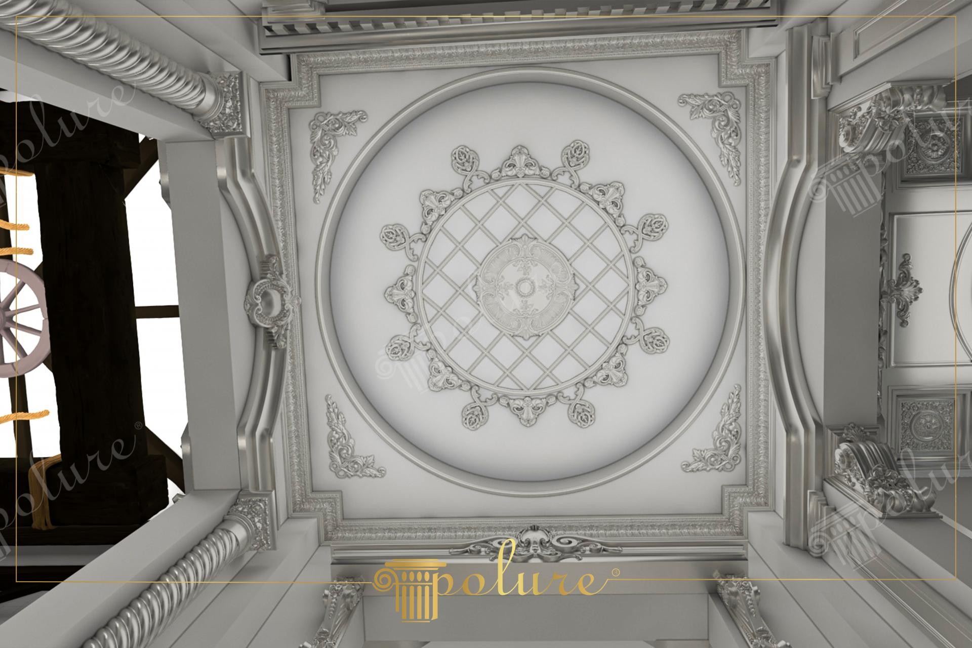 Design soffitto ufficio neoclassico con rosoni P8021A e cornici decorate Polure in poliuretano, toni bianco e grigio.