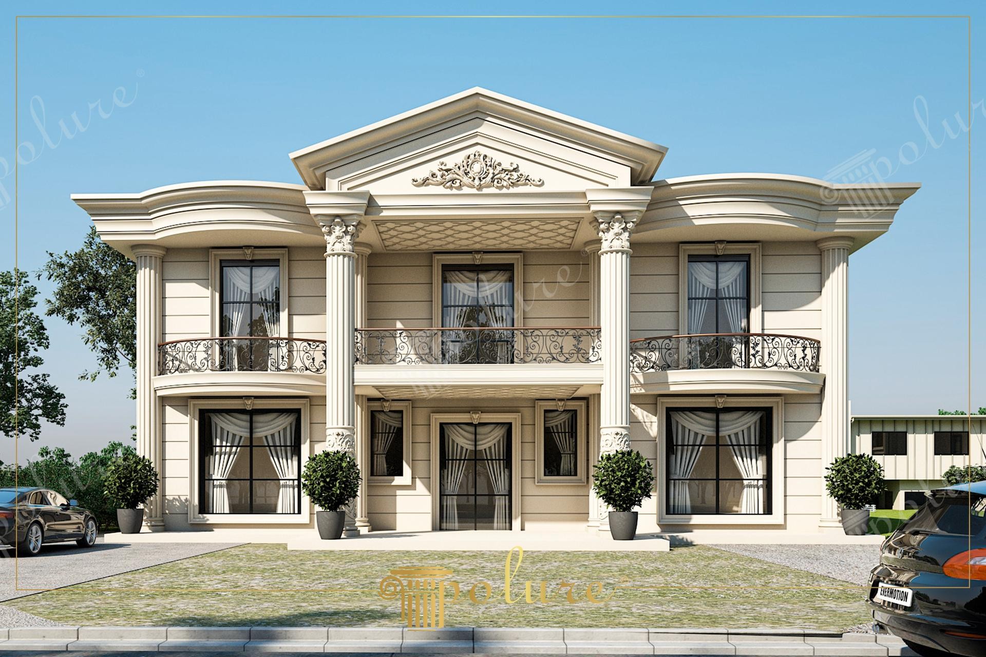 Facciata di villa neo-classica di lusso con colonne in poliuretano Polure, cornici decorative e balconi curvi.