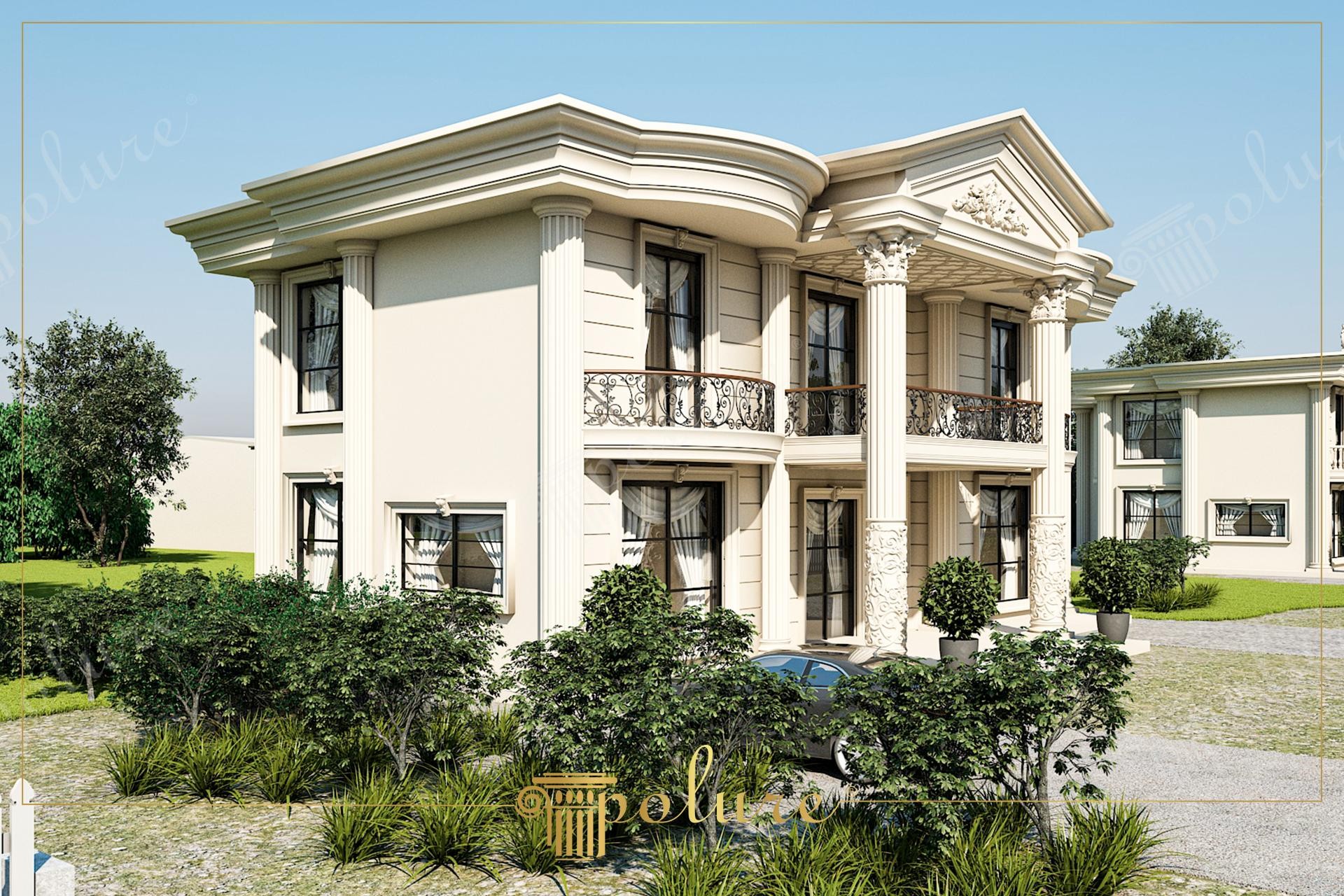 Facciata di villa neoclassica con colonne in poliuretano Polure P5260, capitelli corinzi P5960B e stipiti P1460.