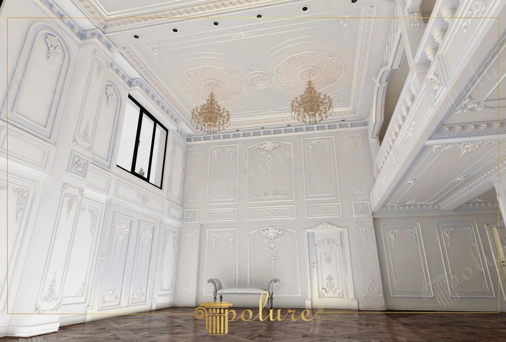 Çift yüksek tavanlı, geniş pencereli, detaylı beyaz duvar panelleri ve pilaster sütunlarla dekore edilmiş klasik villa iç mekanı.