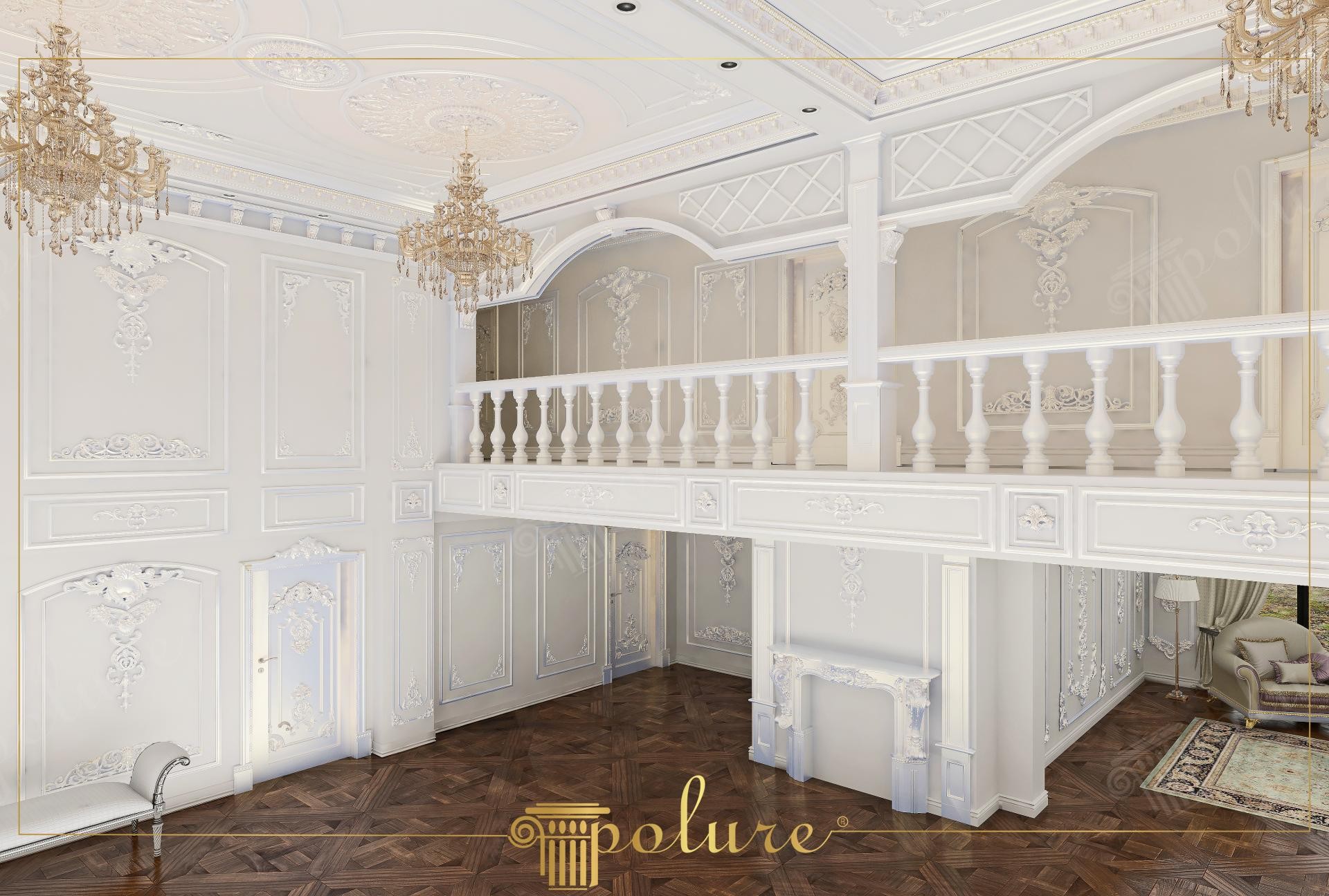 Interno di lusso in villa neoclassica con soffitti alti, modanature in poliuretano, balaustre per soppalco e rosoni ornamentali.
