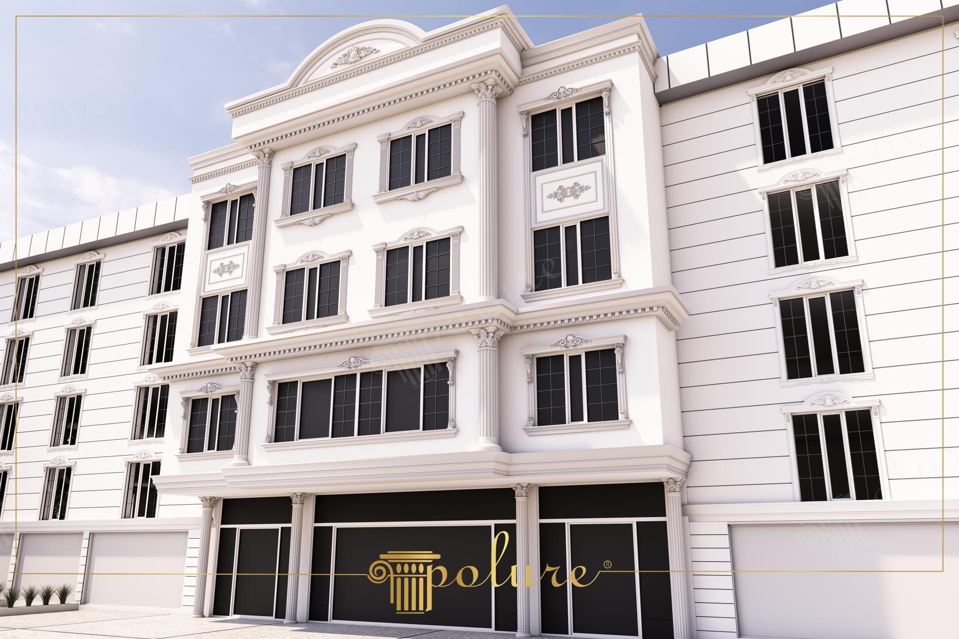 Facciata di villa neoclassica con colonne, davanzali e modanature decorative in poliuretano bianco Polure.