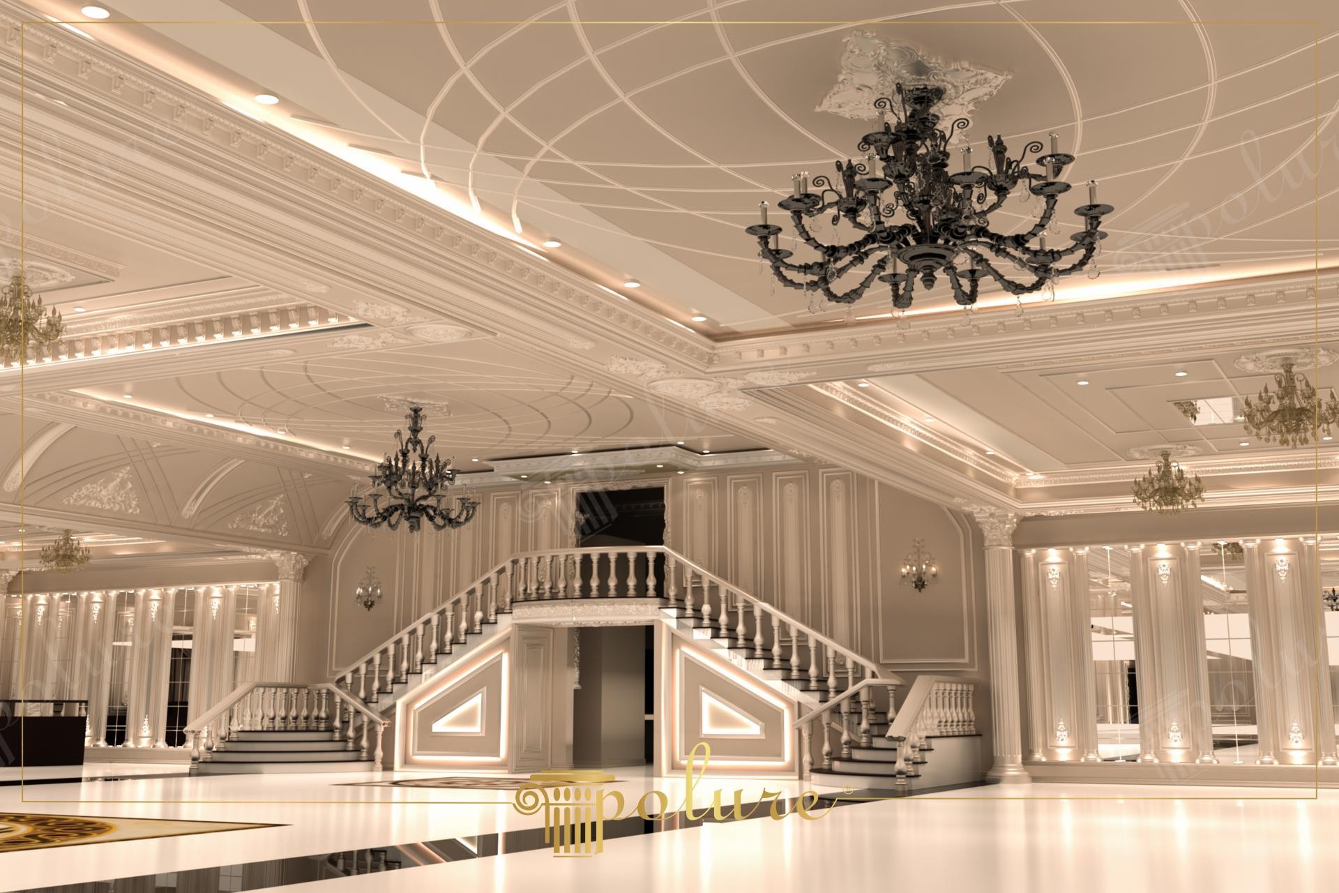 Neoclassical ballroom interior featuring Polure polyurethane ceiling decorations, wall moldings, and luxury stair balustrades.