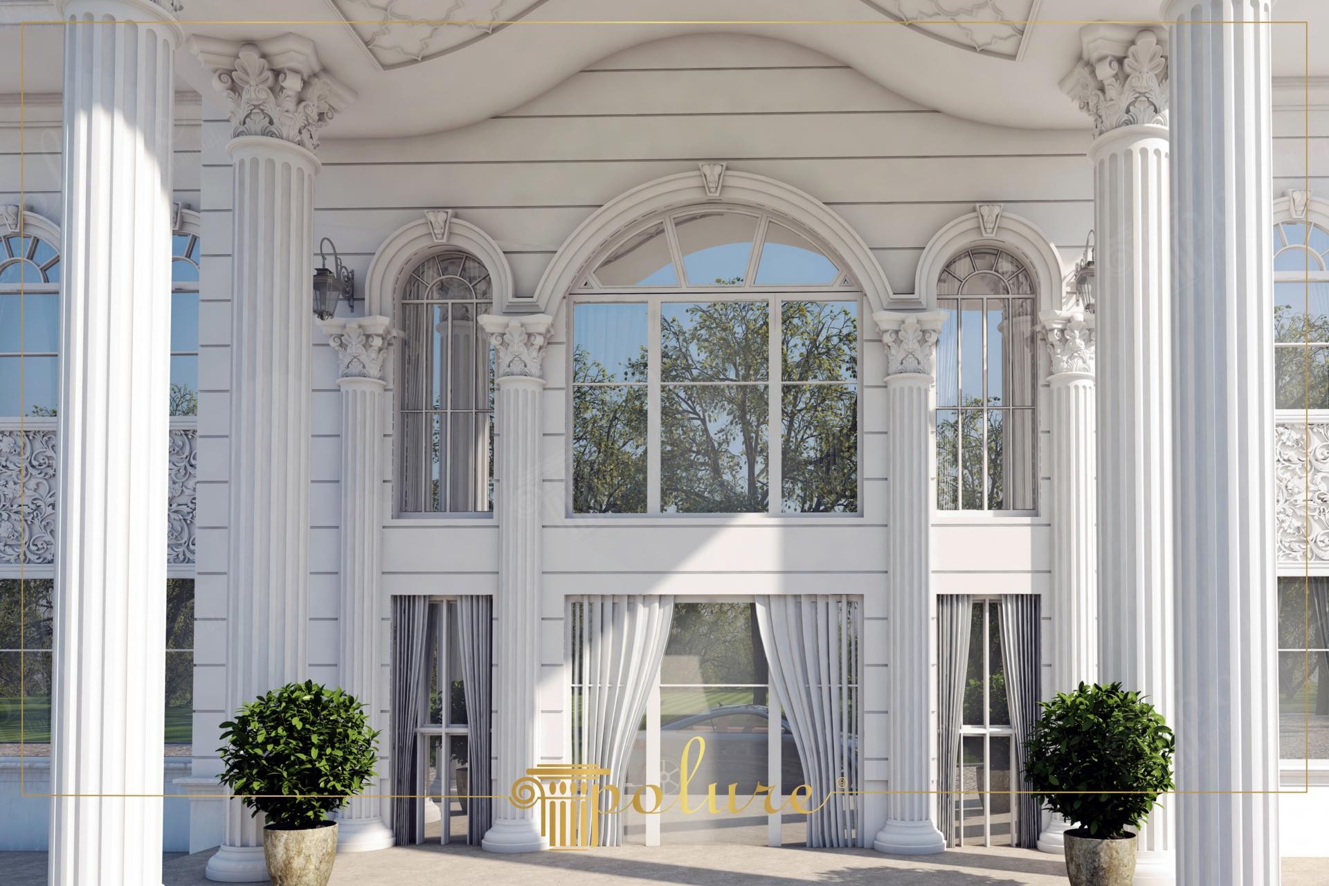 Esterno di villa classica con colonne corinzie Polure P1456D75VIC, finestre ad arco e pannelli murali decorativi in poliuretano.